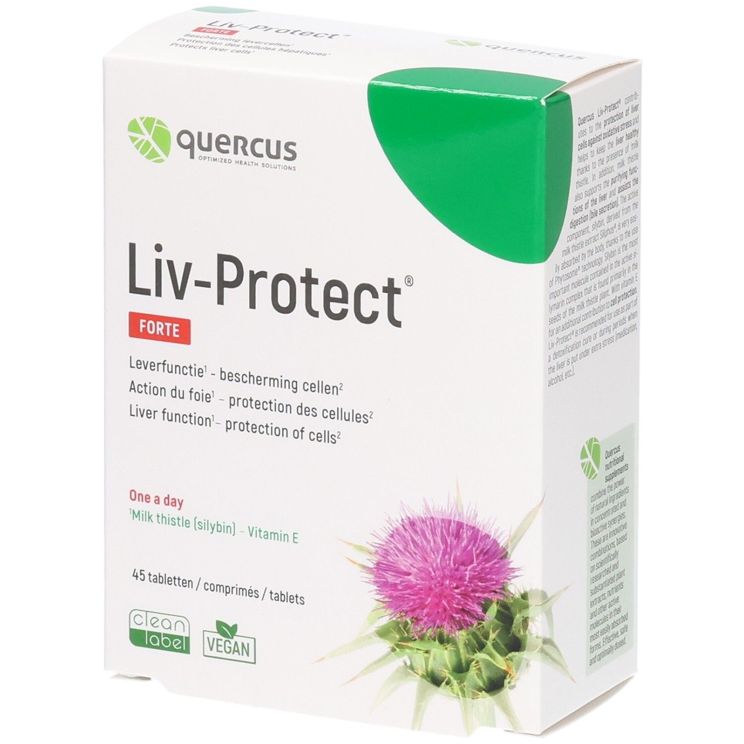 Quercus Liv-Protect Forte verpakking. Witte doos met groene deksel. Productnaam en ingrediënten gedrukt. Illustratie van een distelbloem.