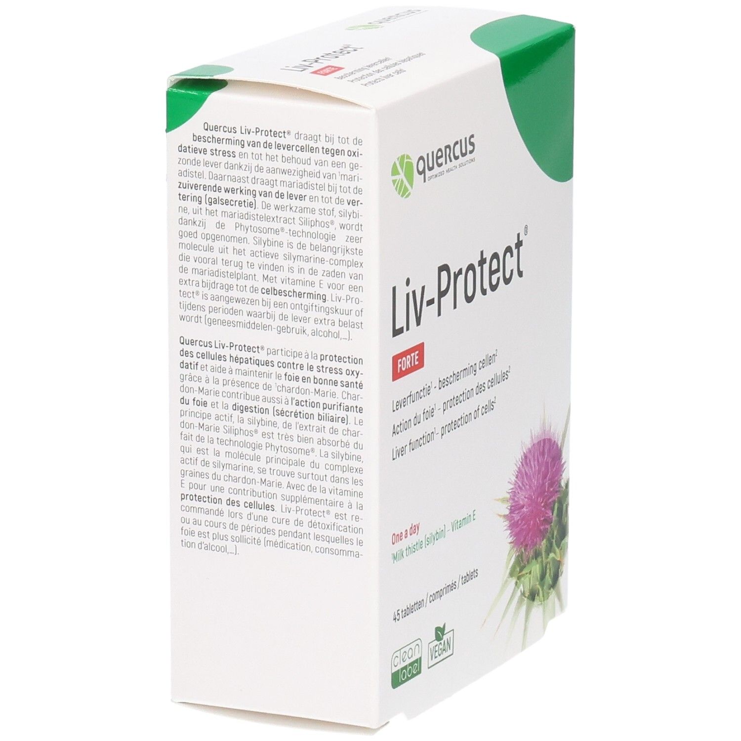 Quercus Liv-Protect Forte verpakking, zijaanzicht. Witte doos met groene deksel. Tekst in meerdere talen. Illustratie van een distelbloem.