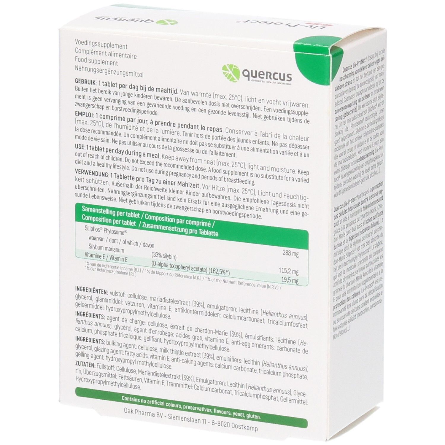 Achterkant van de Quercus Liv-Protect Forte verpakking. Bevat informatie over ingrediënten en dosering. Tekst in meerdere talen.