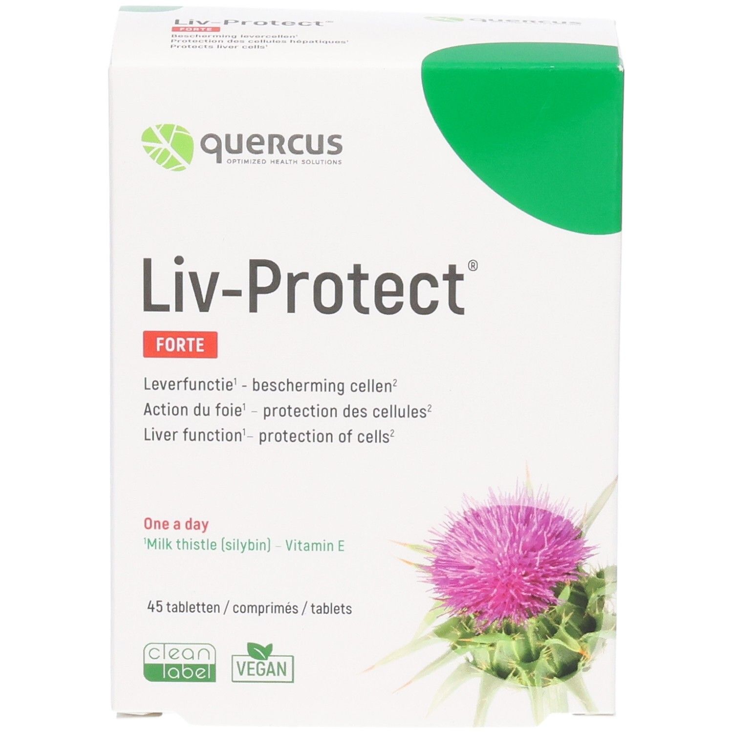 Quercus Liv-Protect Forte verpakking. Witte doos met groene deksel. Productnaam en ingrediënten gedrukt. Illustratie van een distelbloem.