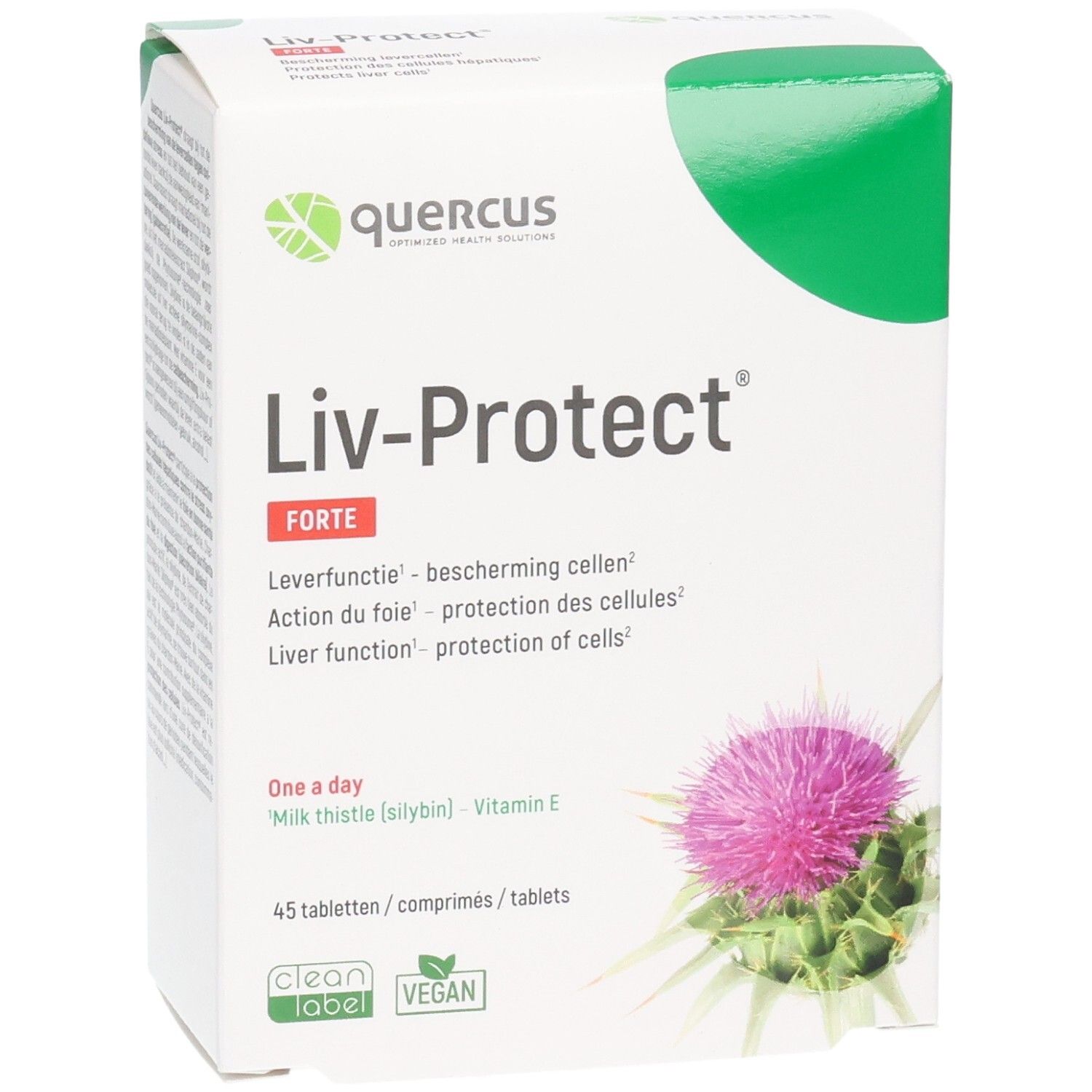 Quercus Liv-Protect Forte verpakking. Witte doos met groene deksel. Productnaam en ingrediënten gedrukt. Illustratie van een distelbloem.