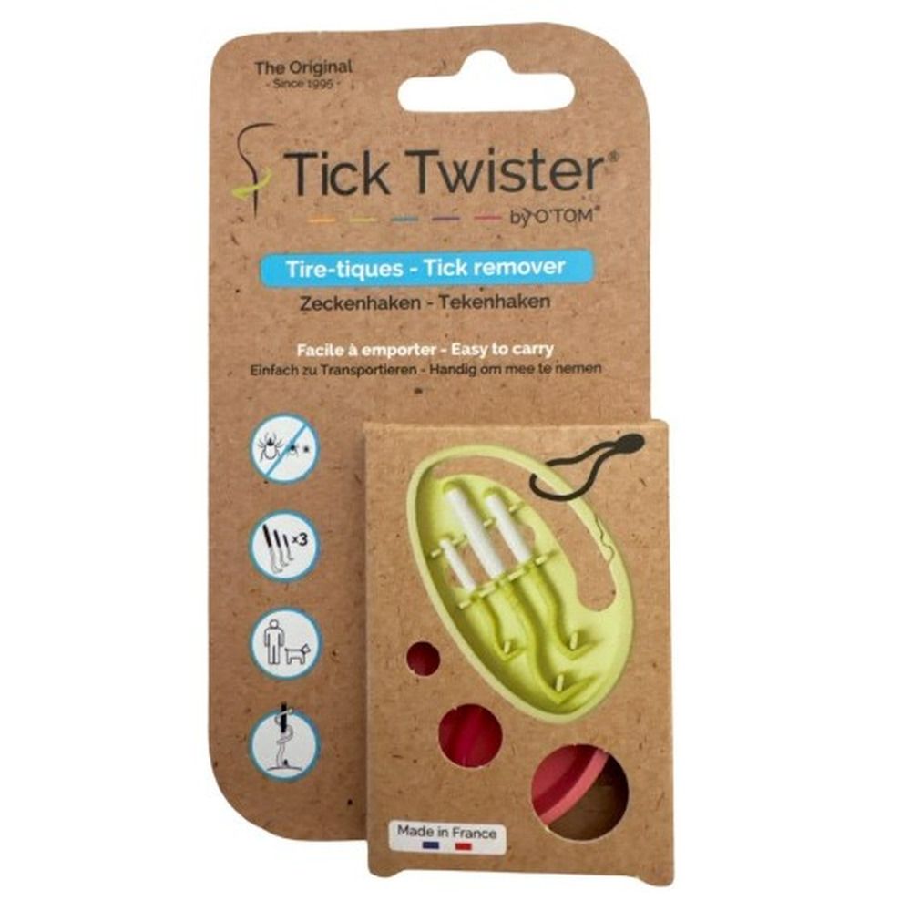 Tick Twister® set met 3 maten tekenhaken in verpakking. Bevat haken en een rode lus.