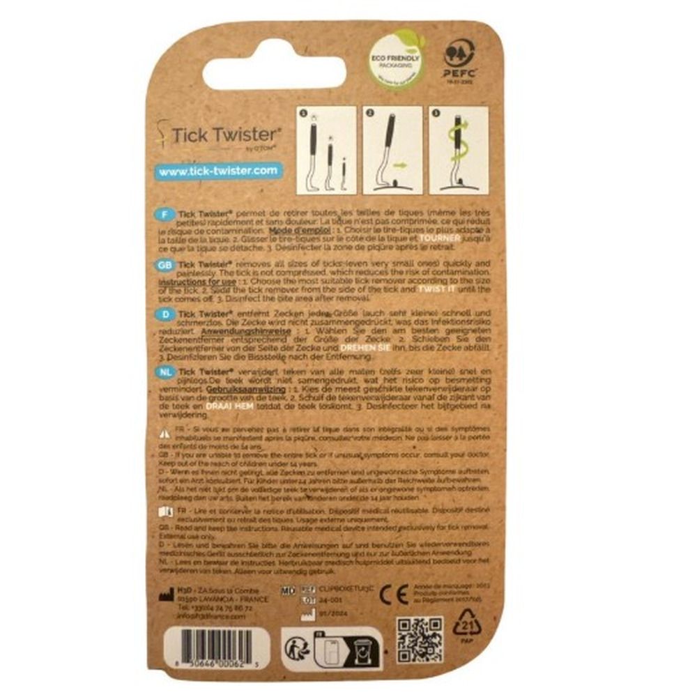 Achterkant van de Tick Twister® verpakking met gebruiksinstructies en milieucertificaten.