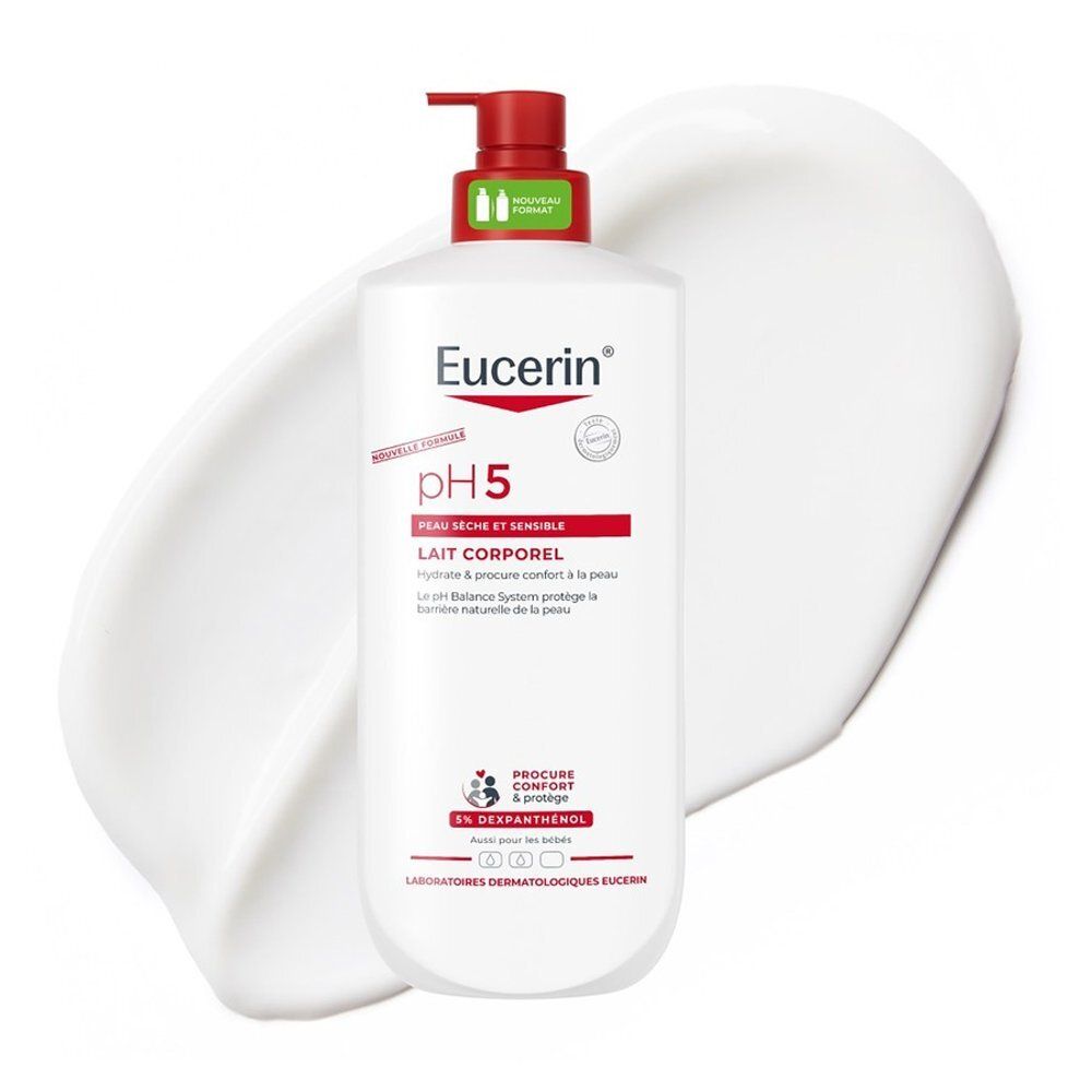 Flacon pompe Eucerin pH5 Lait Corporel avec tête de pompe rouge.