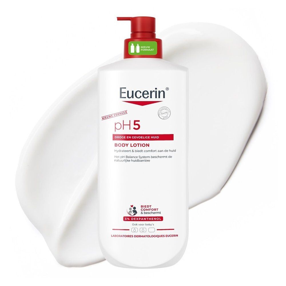 Eucerin pH5 Body Lotion fles met pompdispenser, witte lotion op witte achtergrond.