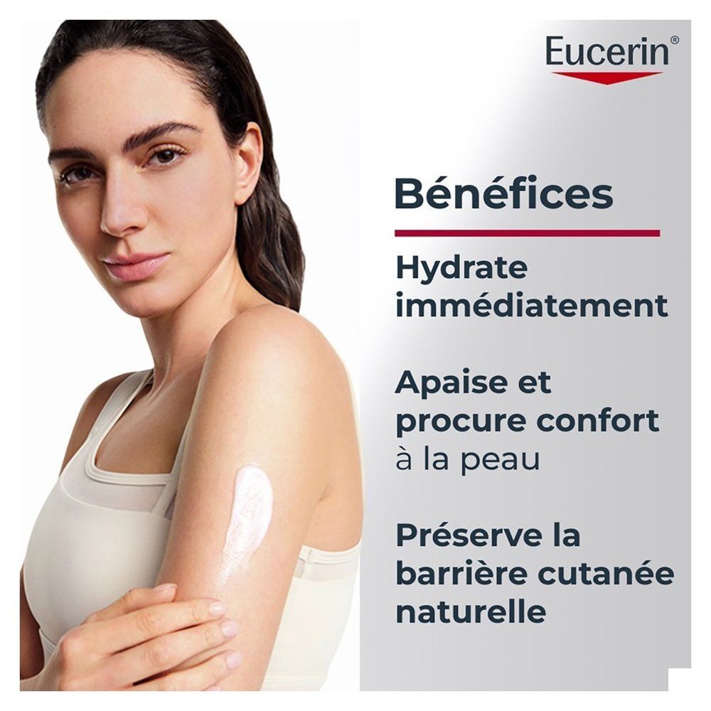 Une femme applique de la lotion corporelle Eucerin sur son bras, le texte à côté liste les avantages.