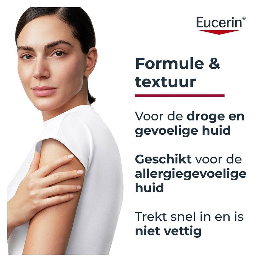 Eucerin huidverzorgingscrème voor droge, gevoelige en allergiegevoelige huid. Trekt snel in.