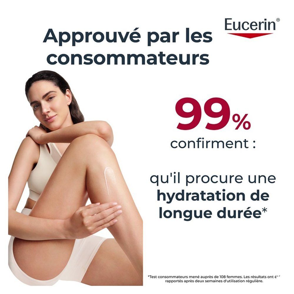 Femme appliquant Eucerin sur ses jambes. 99% confirment une hydratation longue durée.