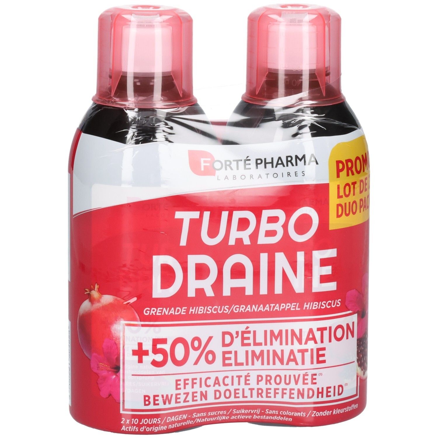Twee flessen Turbodraine granaatappel hibiscus smaak, duo pack.