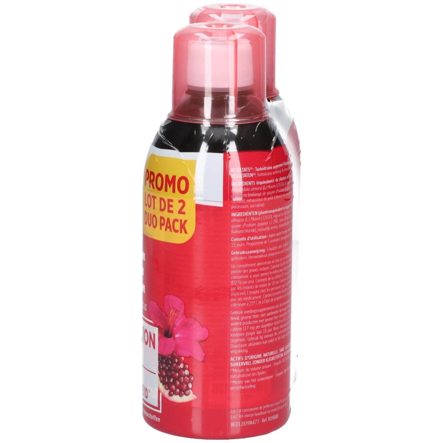 Zijaanzicht van twee Turbodraine flessen in duo pack.