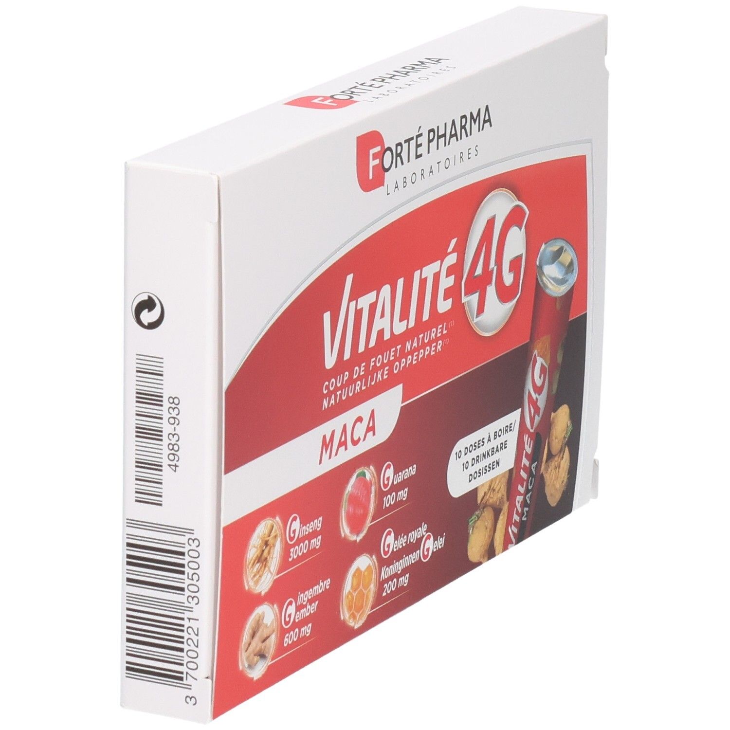 Boîte Vitalité 4G MACA de côté. Contient Ginseng, Guarana, Gingembre et Gelée Royale.