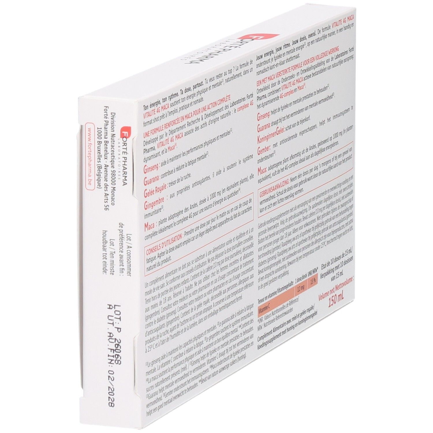 Côté de la boîte Vitalité 4G MACA avec informations du fabricant et numéro de lot.