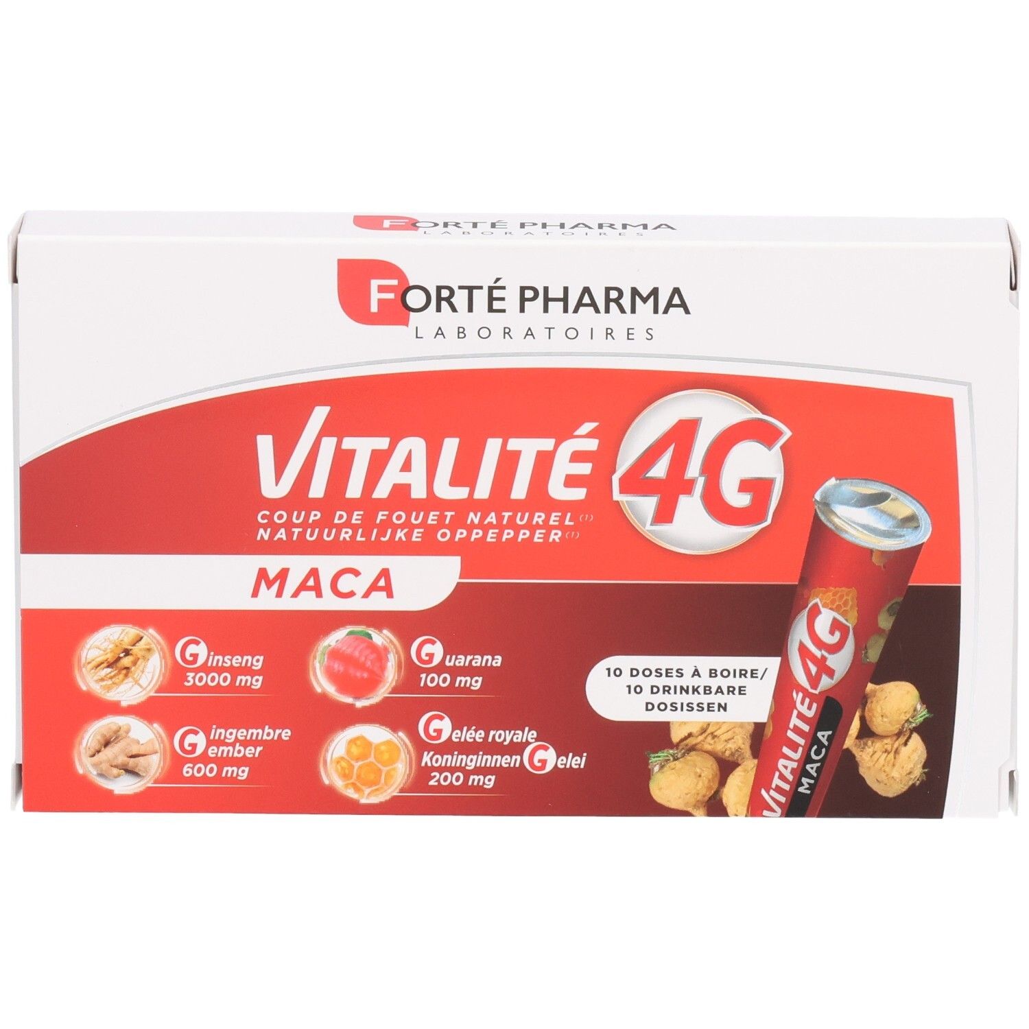 Boîte Vitalité 4G MACA de 10 doses à boire. Contient Ginseng, Guarana, Gingembre et Gelée Royale.