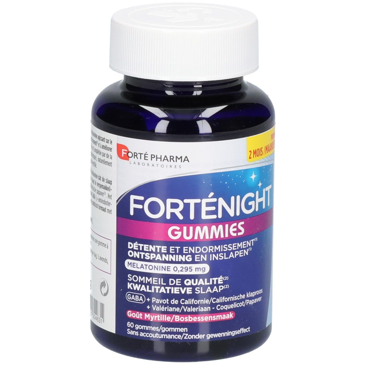 FortéNight Gummies in donkerblauwe fles met witte dop. Bevat 60 gummies.