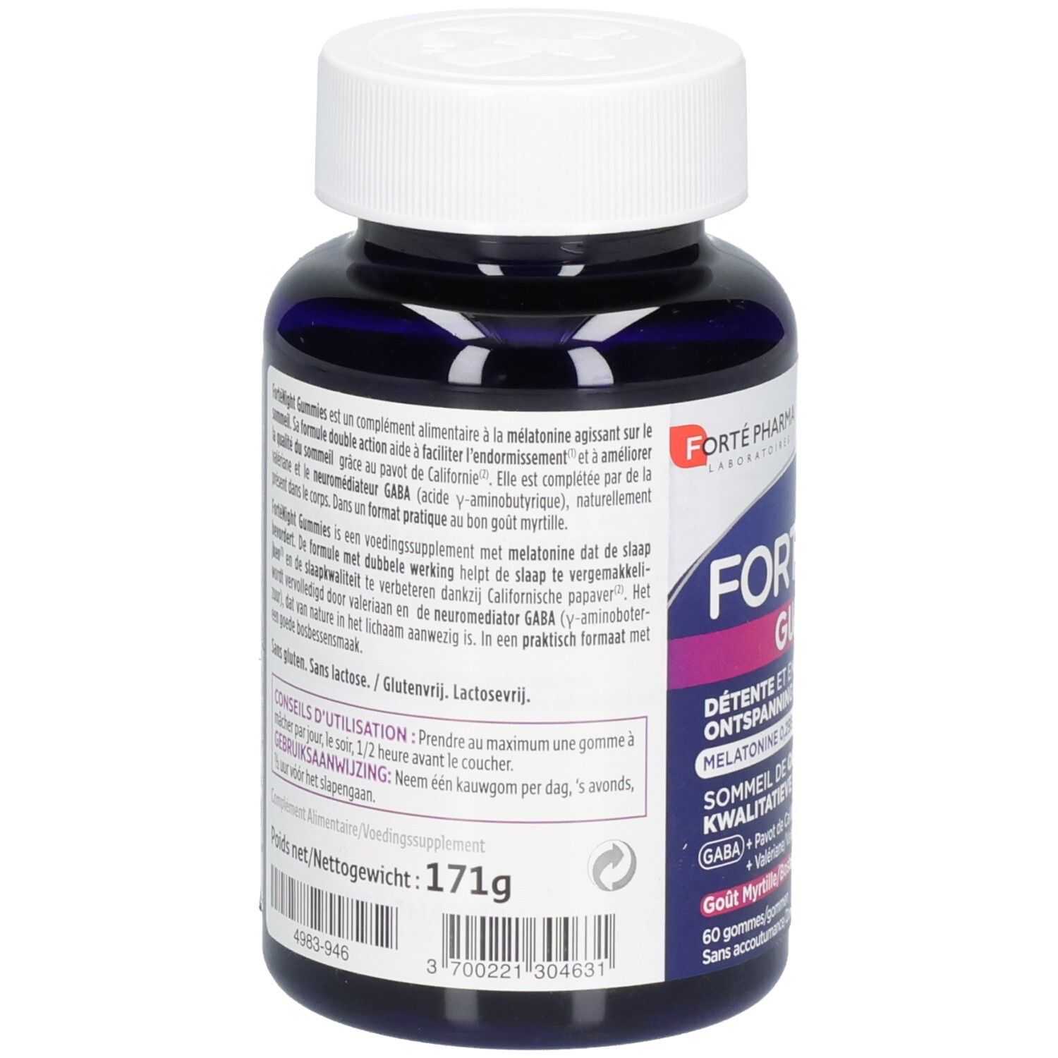 Achterkant van de FortéNight Gummies fles met productinformatie en ingrediënten.
