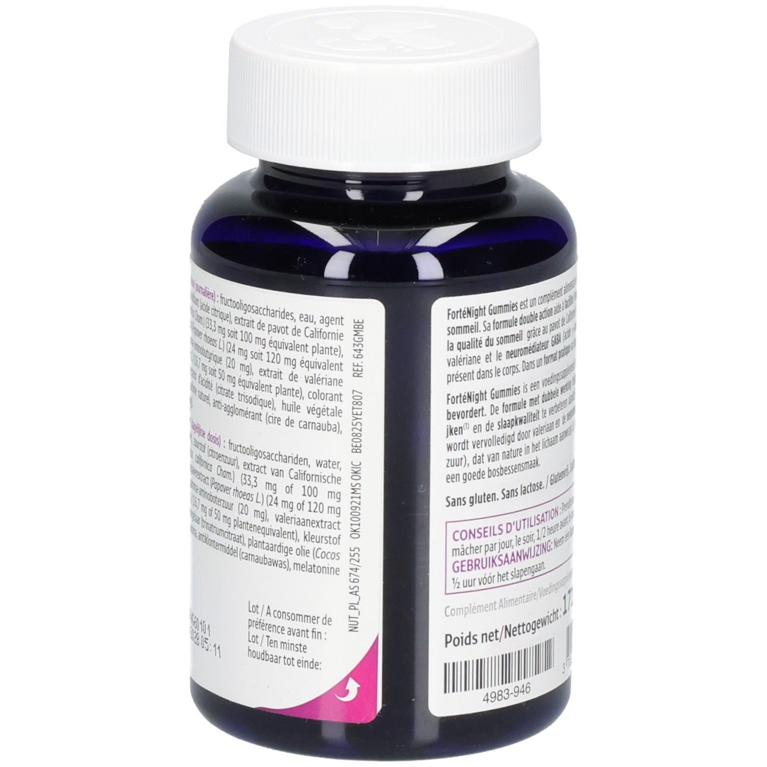 Zijaanzicht van de FortéNight Gummies fles met gedetailleerde ingrediënteninformatie.