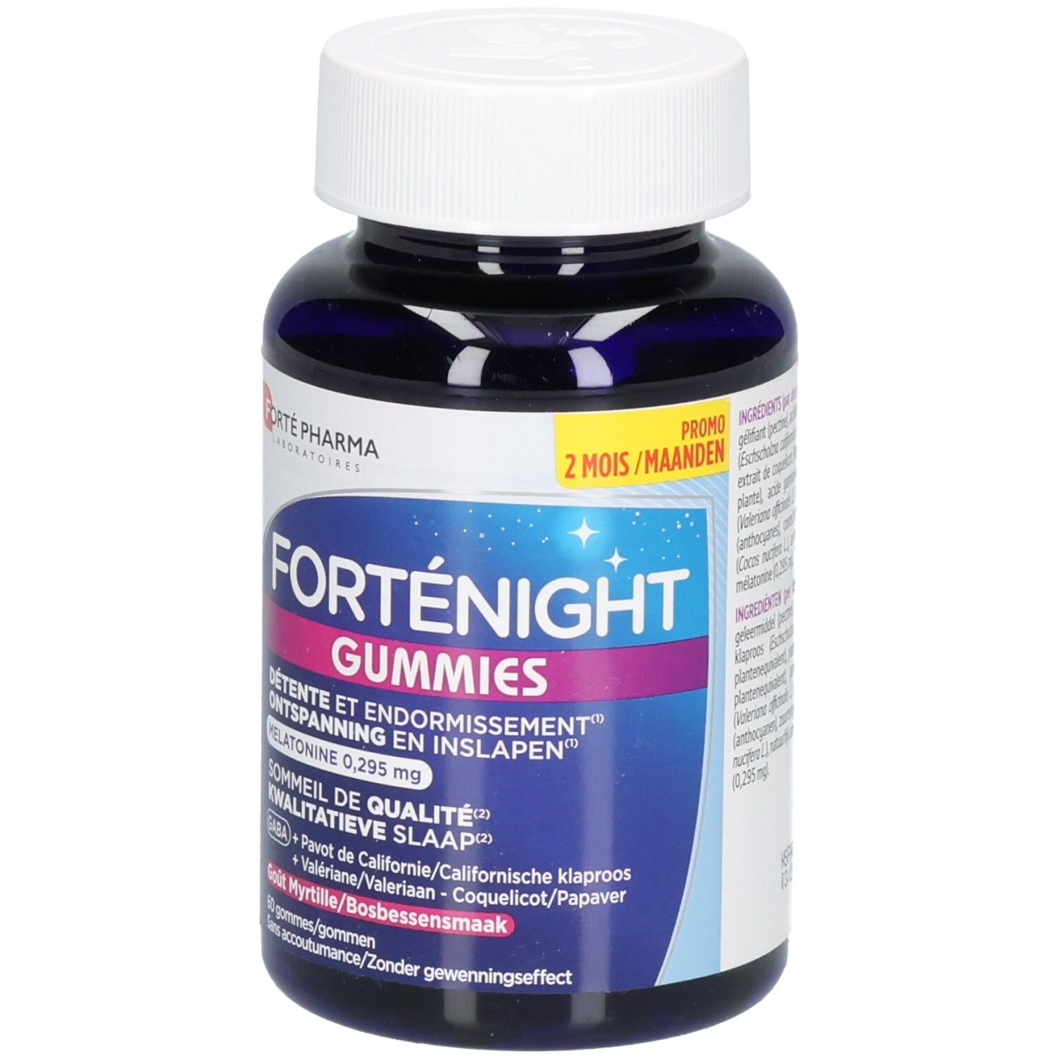FortéNight Gummies fles met focus op het etiket en de productnaam.
