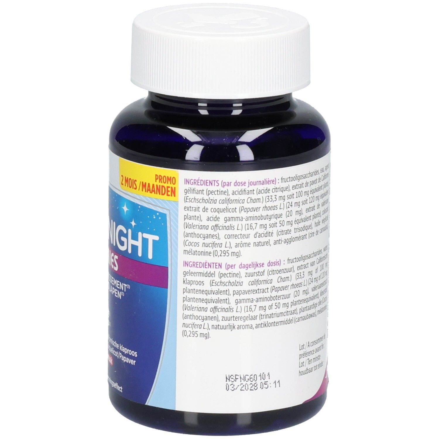FortéNight Gummies fles met etiket dat ingrediënten en melatoninegehalte toont.