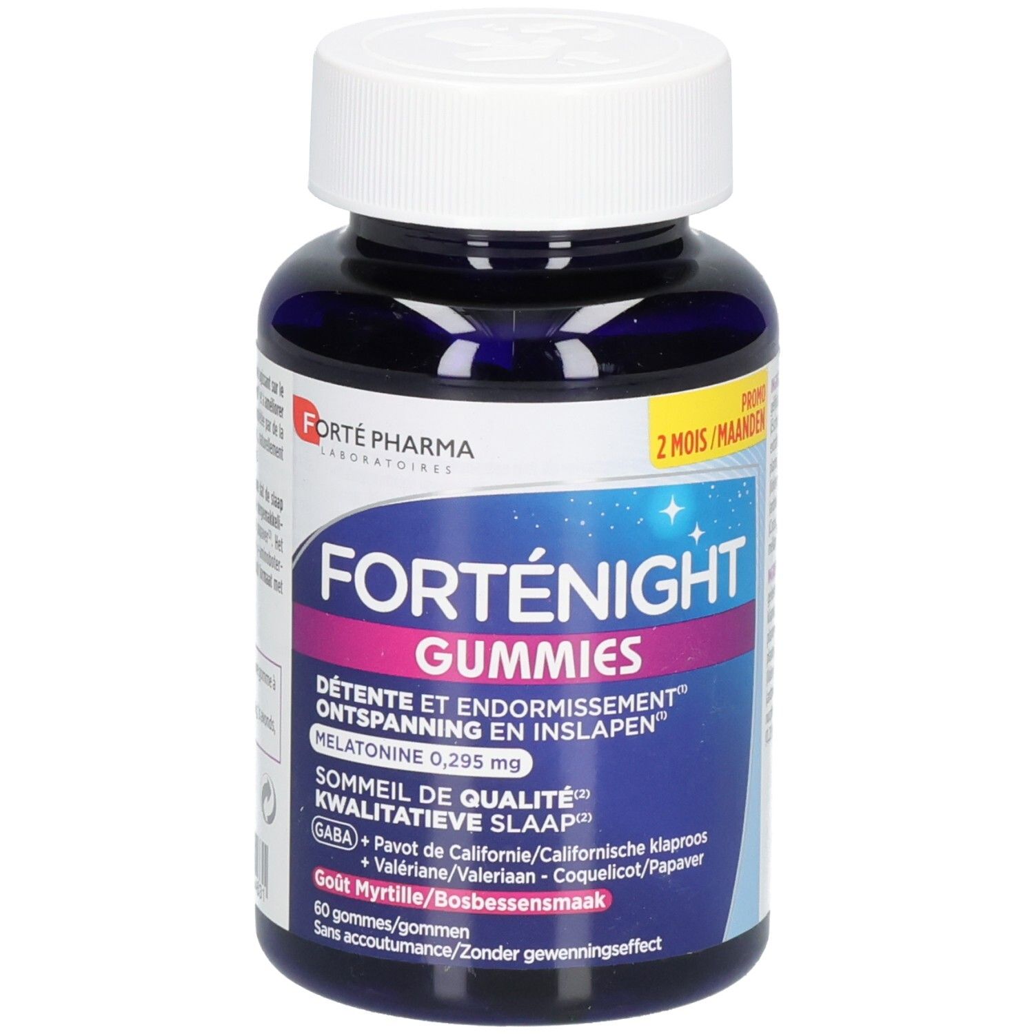 FortéNight Gummies fles, vooraanzicht met etiket en productinformatie.