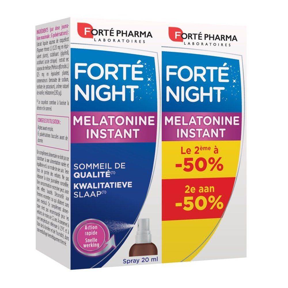 Verpakking met twee flacons Forté Pharma Forté Night Melatonine Instant spray, 20 ml.