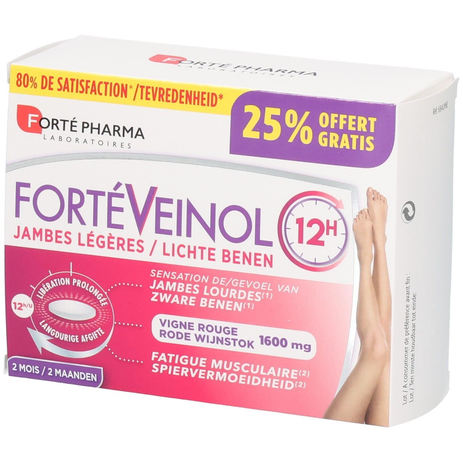 FortéVeinol 12H doos van 60 tabletten voor lichte benen. Bevat 1600 mg rode wijnstok.