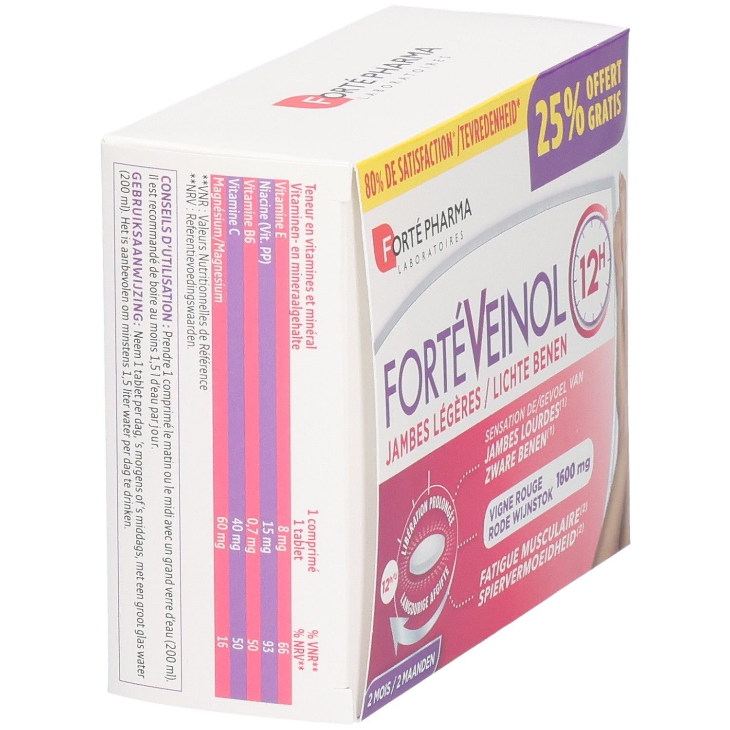 FortéVeinol 12H doos van 60 tabletten, achterkant met voedingswaarde-informatie en gebruikstips.