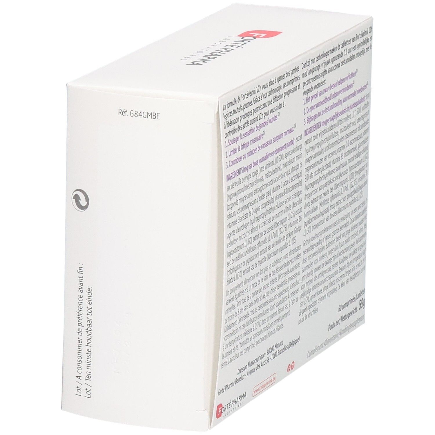 FortéVeinol 12H doos van 60 tabletten, zijaanzicht met referentienummer en afvalverwijderingssymbool.