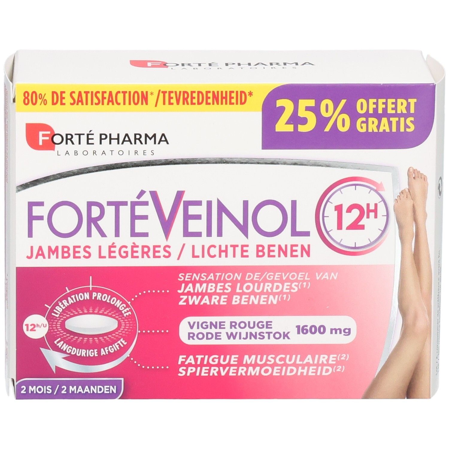 FortéVeinol 12H doos van 60 tabletten voor lichte benen. Bevat 1600 mg rode wijnstok.