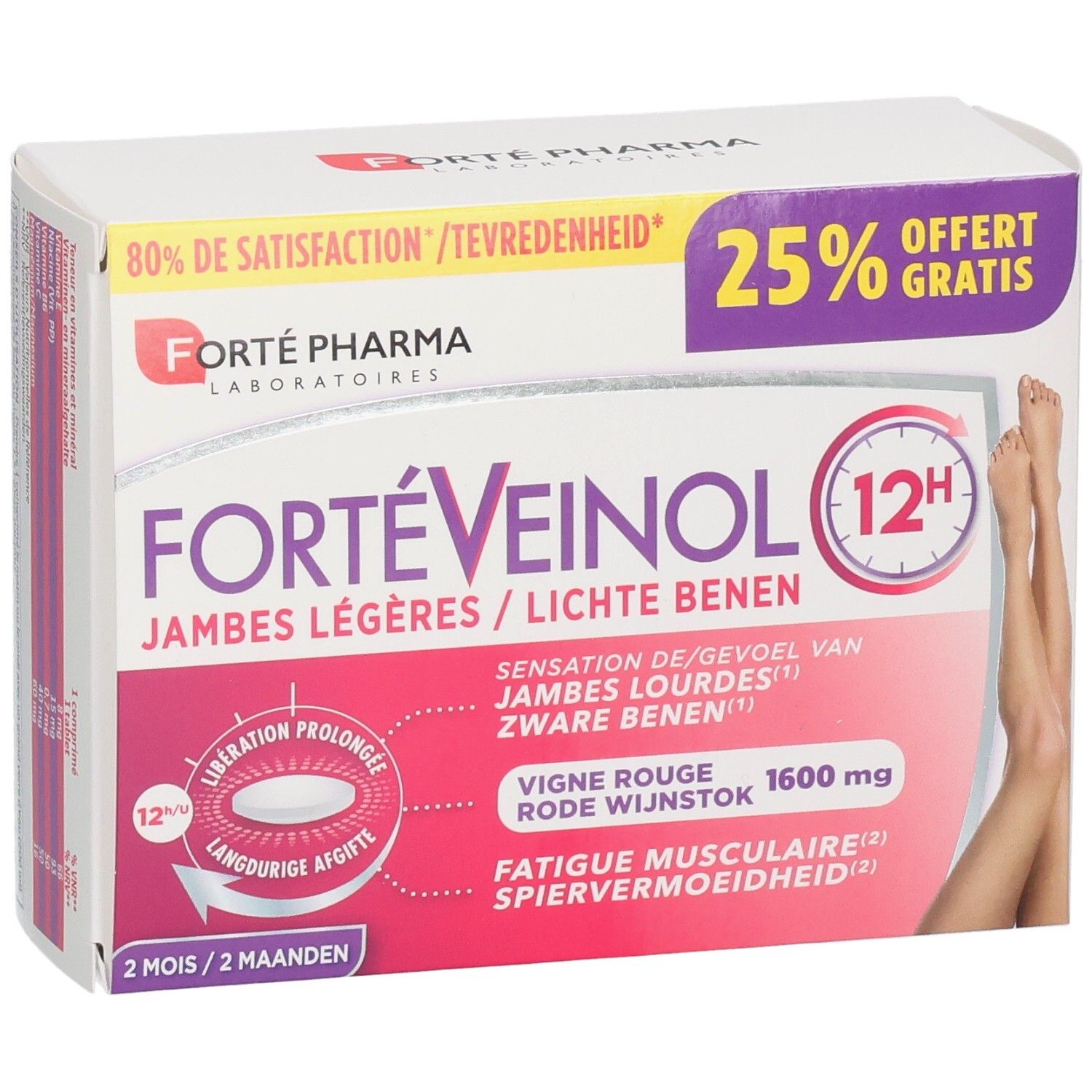 FortéVeinol 12H doos van 60 tabletten voor lichte benen. Bevat 1600 mg rode wijnstok.