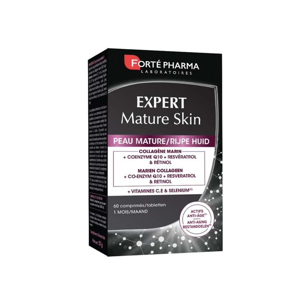 Boîte d'Expert Mature Skin 60 comprimés, collagène, coenzyme Q10, resvératrol et rétinol.