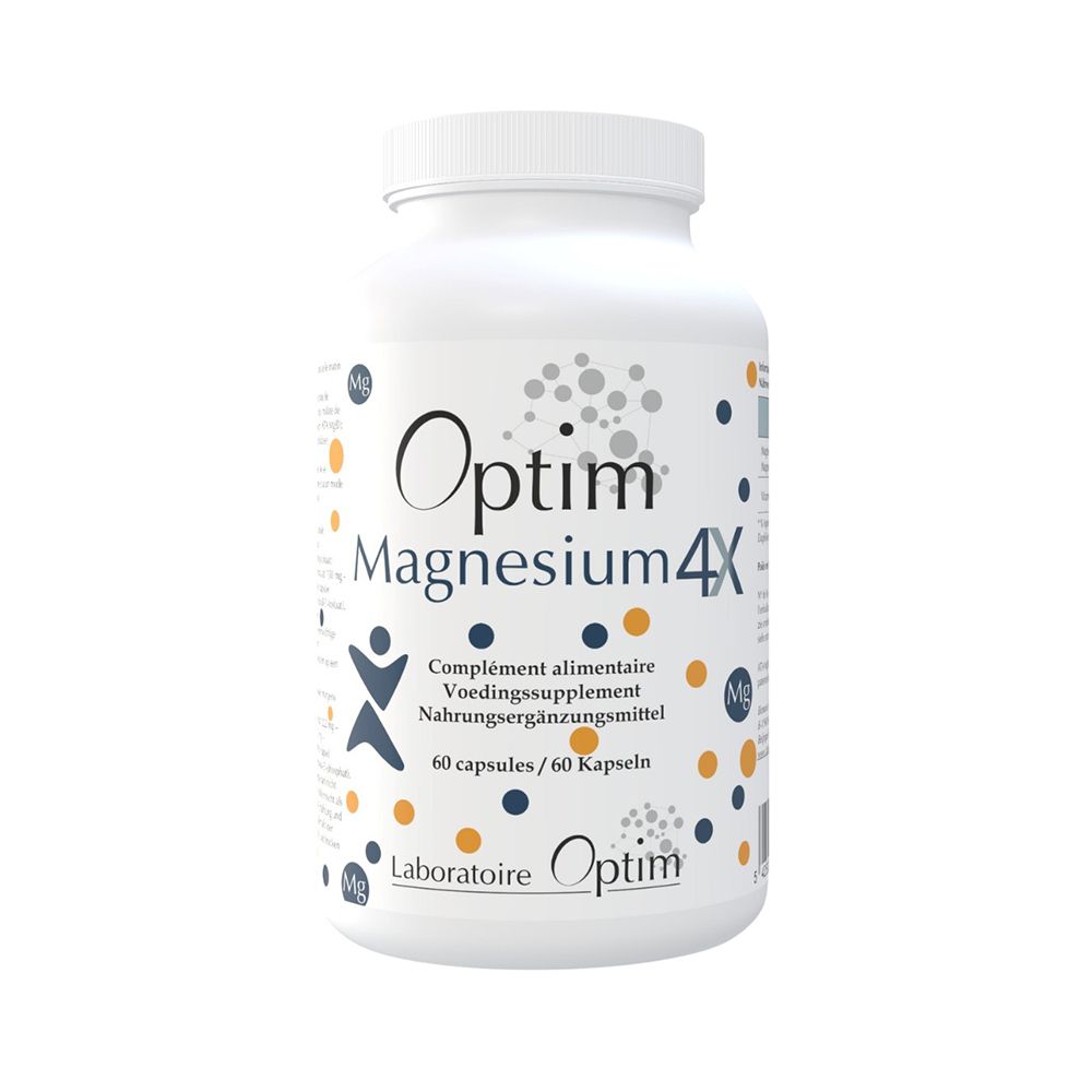 Flacon blanc Optim Magnesium 4X. Inscription: Complément alimentaire, 60 capsules. Laboratoire Optim.