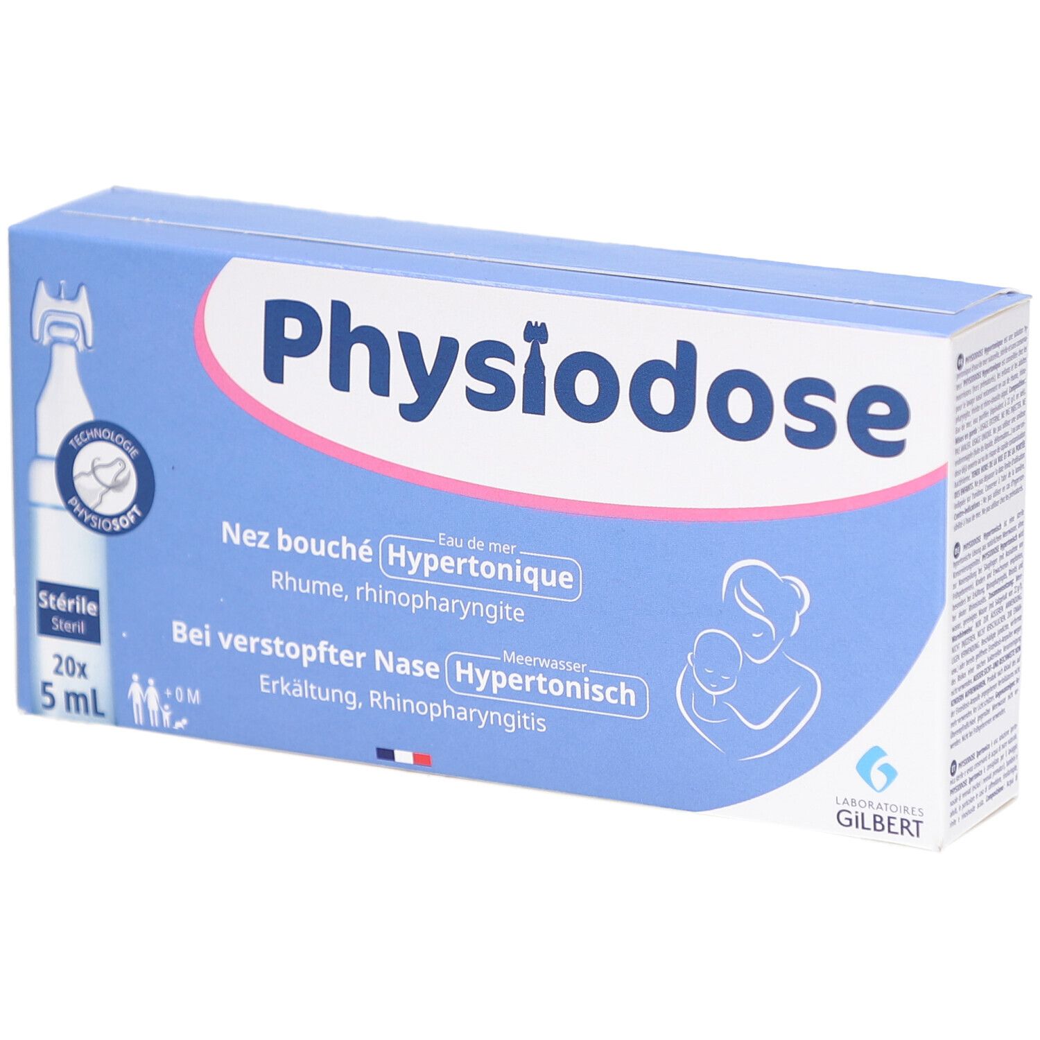 Boîte bleue et blanche Physiodose. Contient 20 ampoules de 5 ml. Texte: Nez bouché, Bei verstopfter Nase.