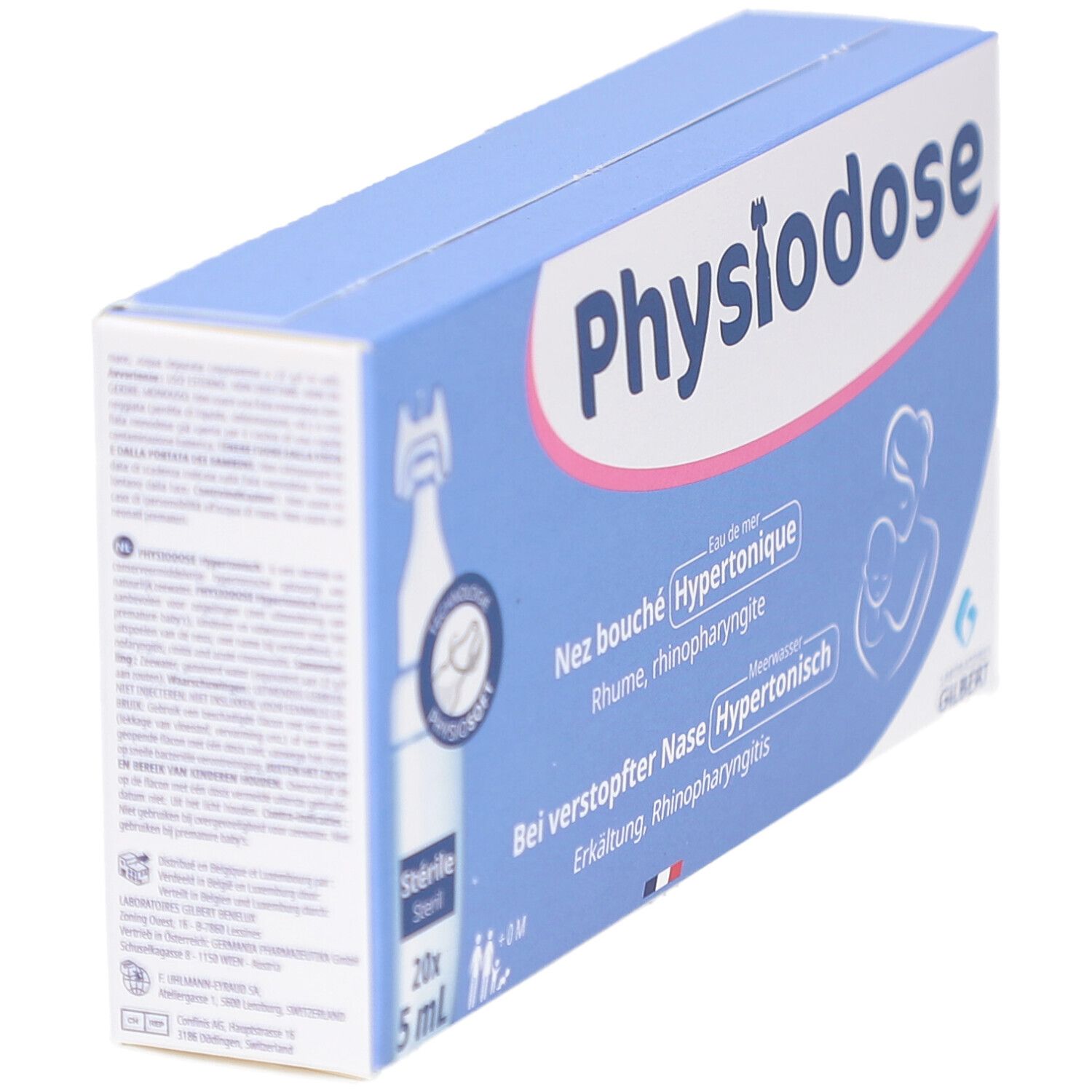 Boîte Physiodose, bleu et blanc. Contient 20 ampoules de 5 ml. Texte: Nez bouché, Bei verstopfter Nase. Vue en perspective.