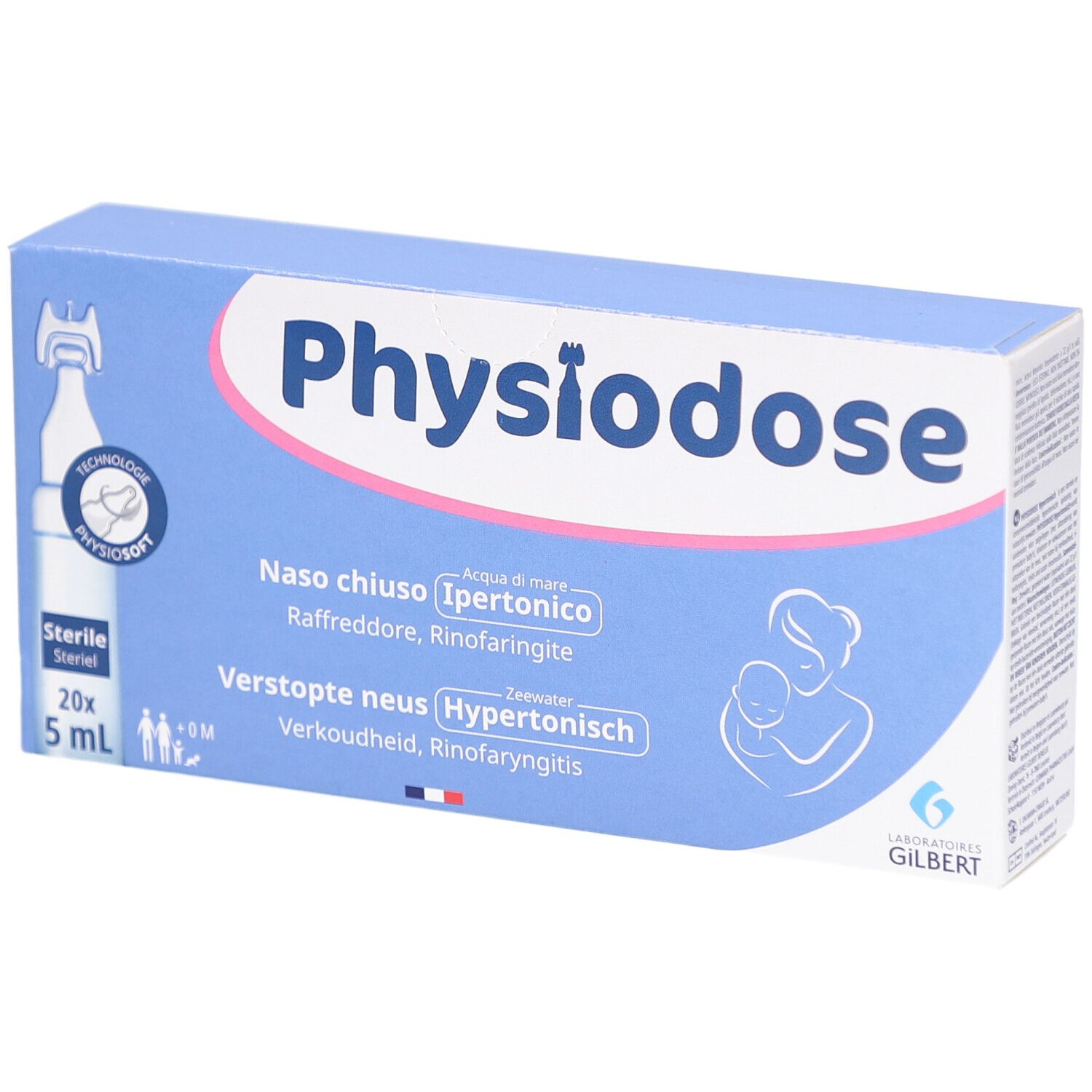 Boîte bleu et blanc Physiodose. Contient 20 ampoules de 5 ml. Texte: Naso chiuso, Verstopte neus. Logo: Laboratoires Gilbert.