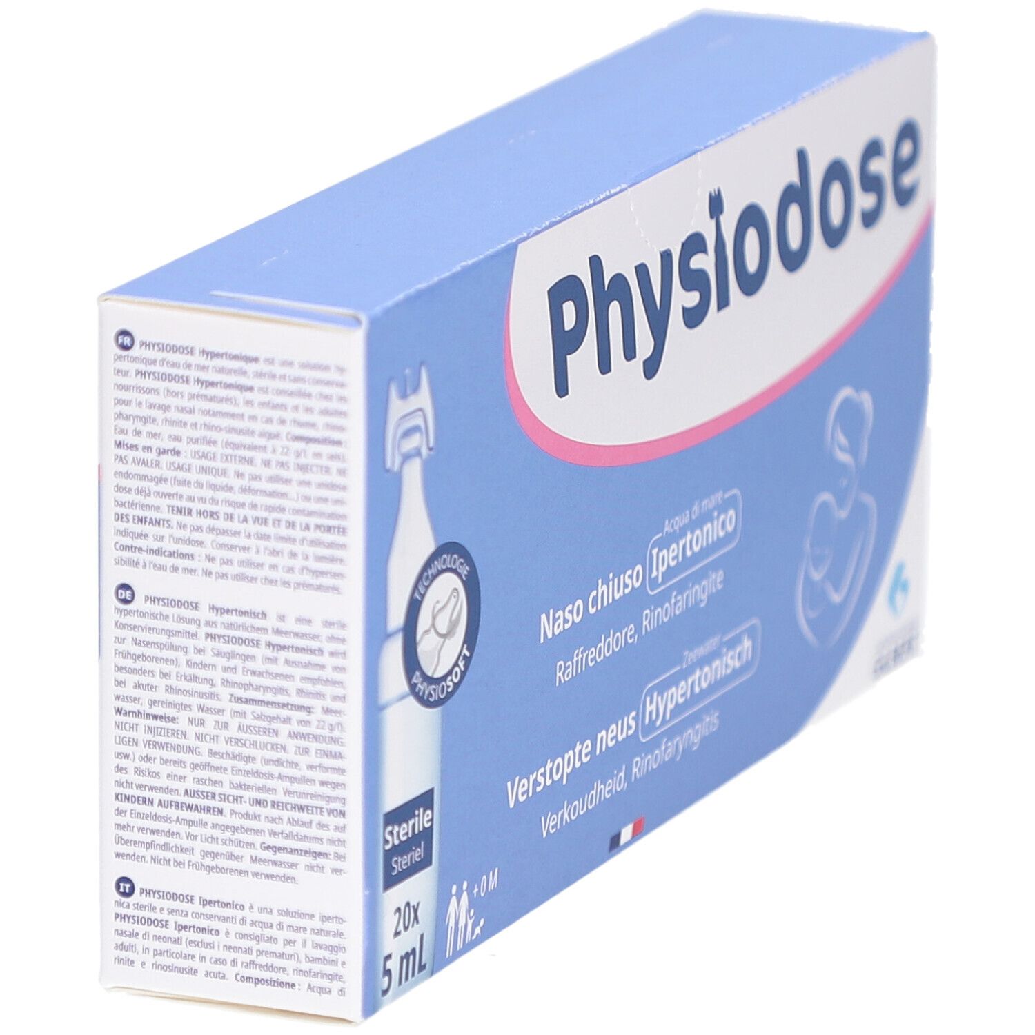 Boîte Physiodose, bleu et blanc. Contient 20 ampoules de 5 ml. Texte: Naso chiuso, Verstopte neus. Vue en perspective.