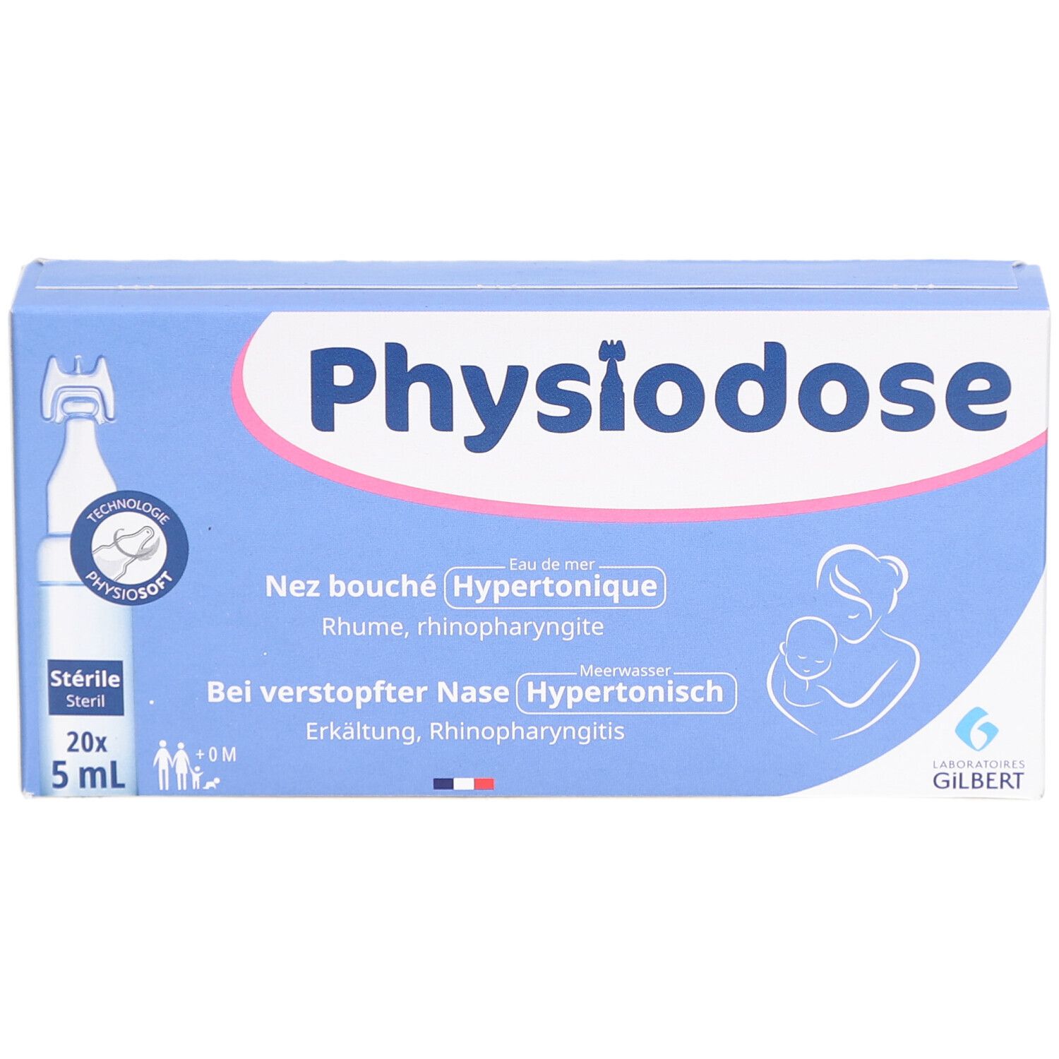 Boîte bleu et blanc Physiodose. Contient 20 ampoules de 5 ml. Texte: Nez bouché, Bei verstopfter Nase. Logo: Laboratoires Gilbert.