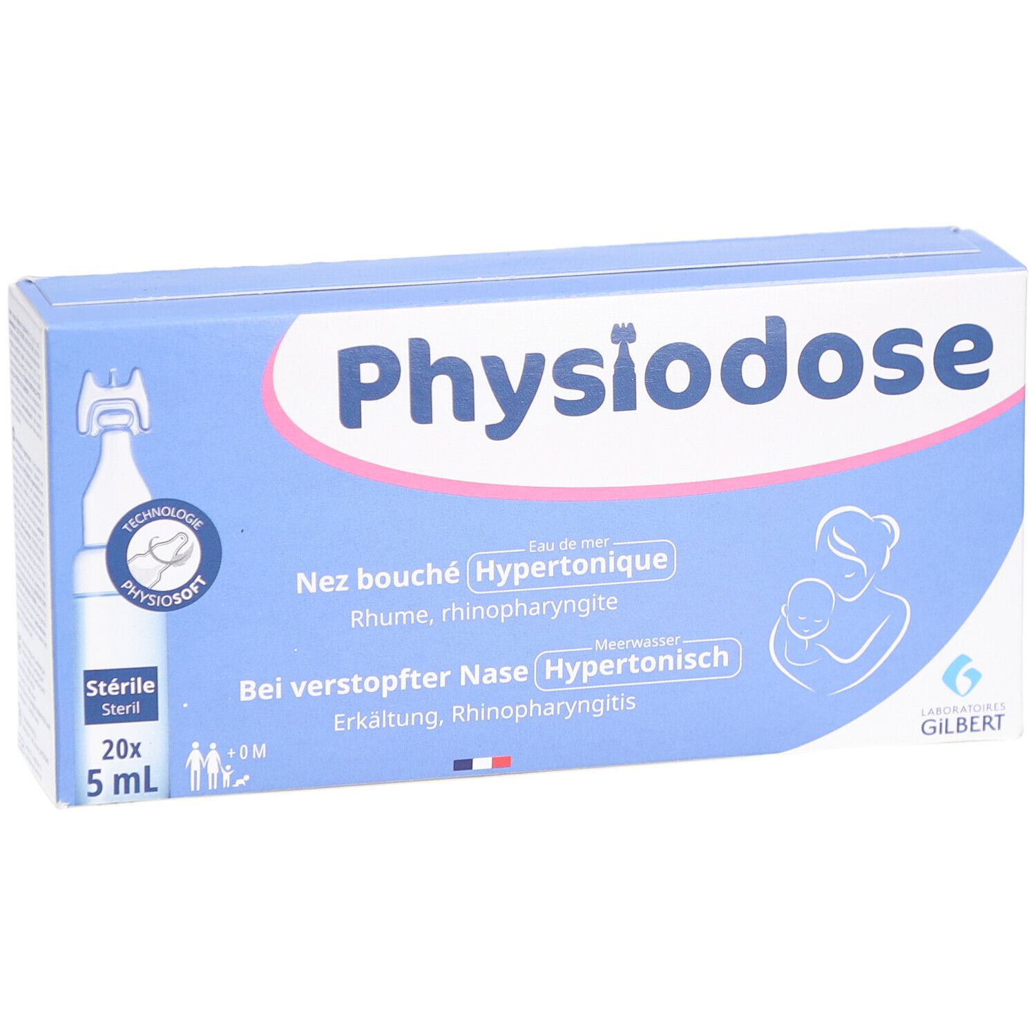 Boîte bleu et blanc Physiodose. Contient 20 ampoules de 5 ml. Texte: Nez bouché, Bei verstopfter Nase. Logo: Laboratoires Gilbert.