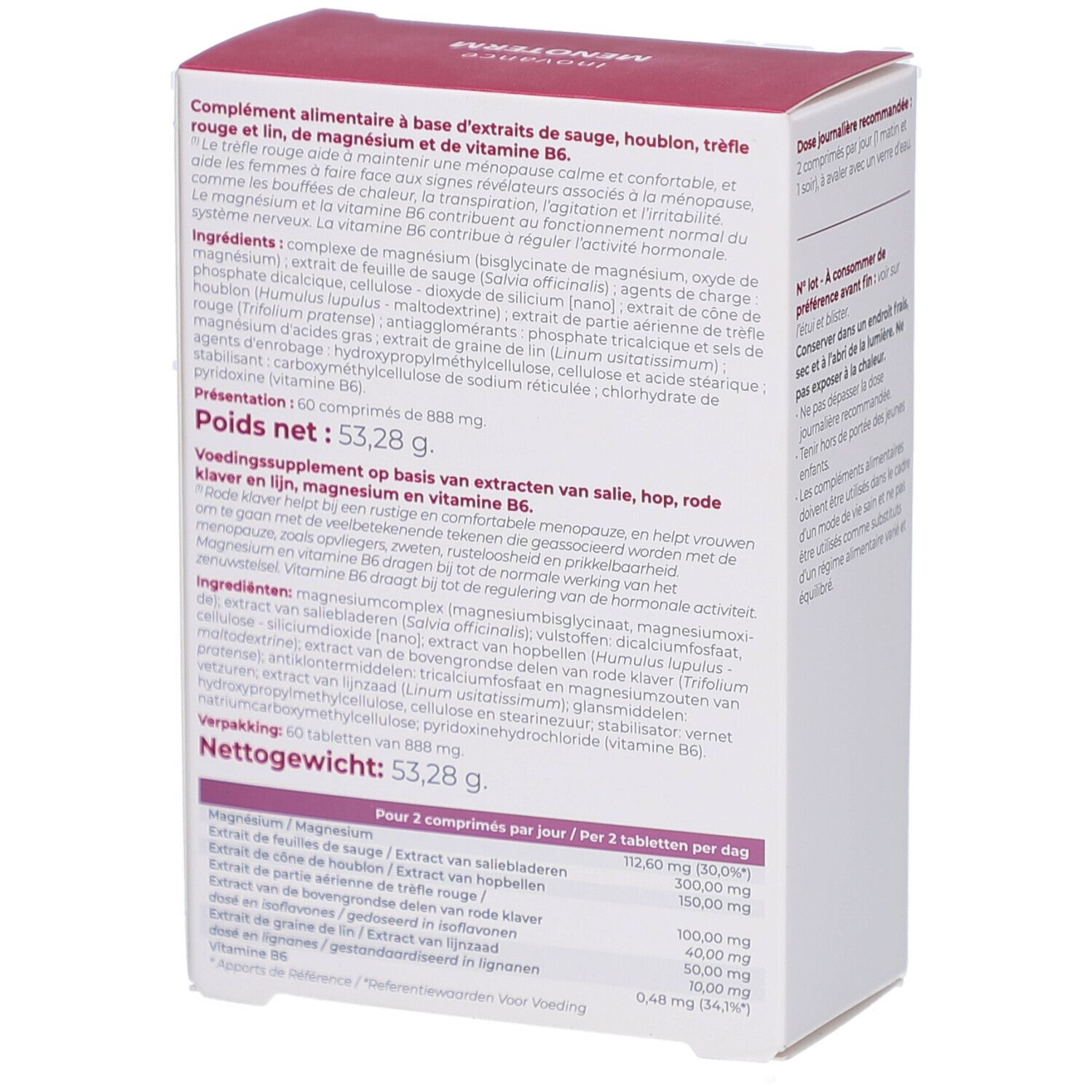 Dos de la boîte Inovance Menoterm. Texte: ingrédients, informations nutritionnelles, poids net. Logo et nom du produit.