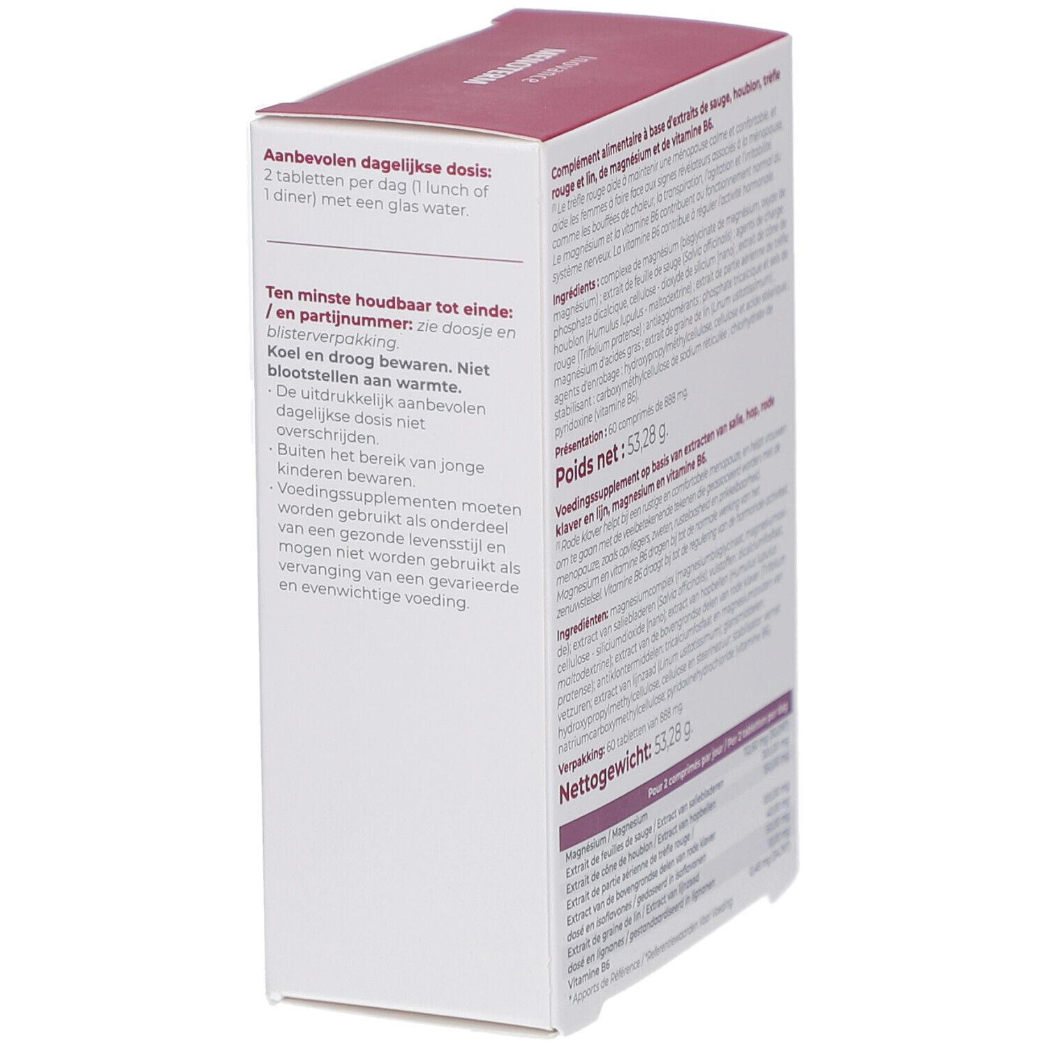 Boîte Inovance Menoterm, dos. Texte: posologie, durée de conservation, stockage. Logo et nom du produit.