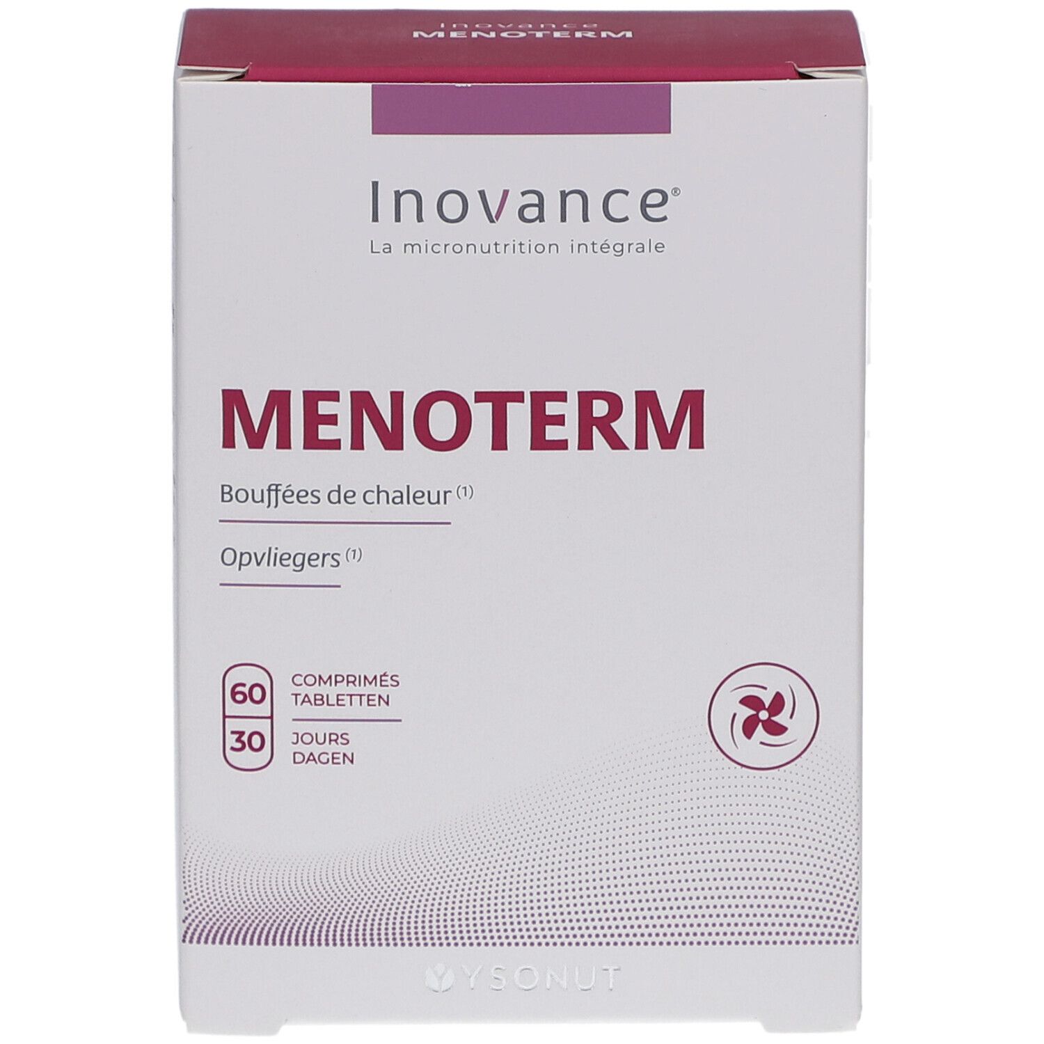 Boîte Inovance Menoterm. Inscription: Menoterm, 60 comprimés, 30 jours. Logo et nom du produit.