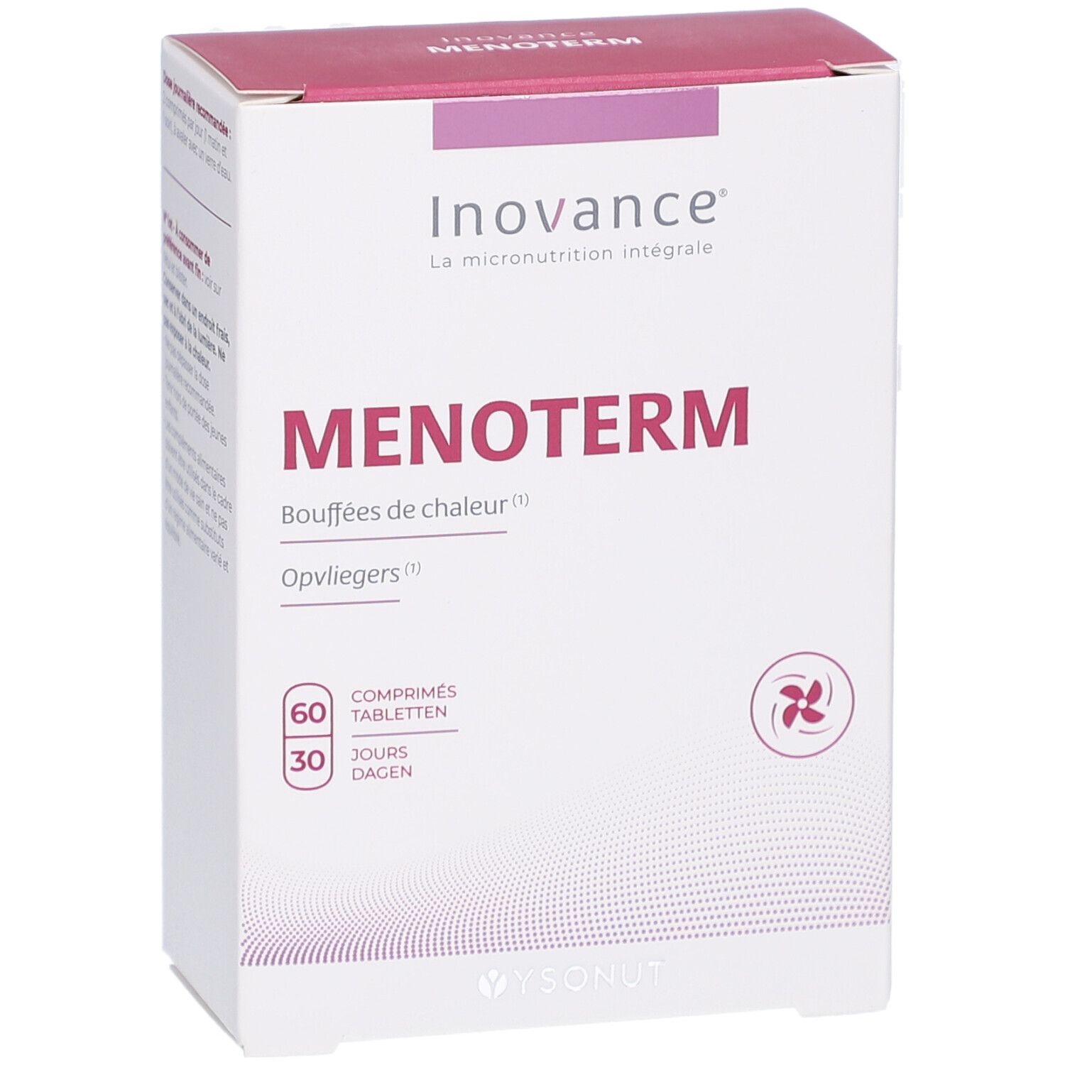 Boîte Inovance Menoterm. Inscription: Menoterm, 60 comprimés, 30 jours. Logo et nom du produit.