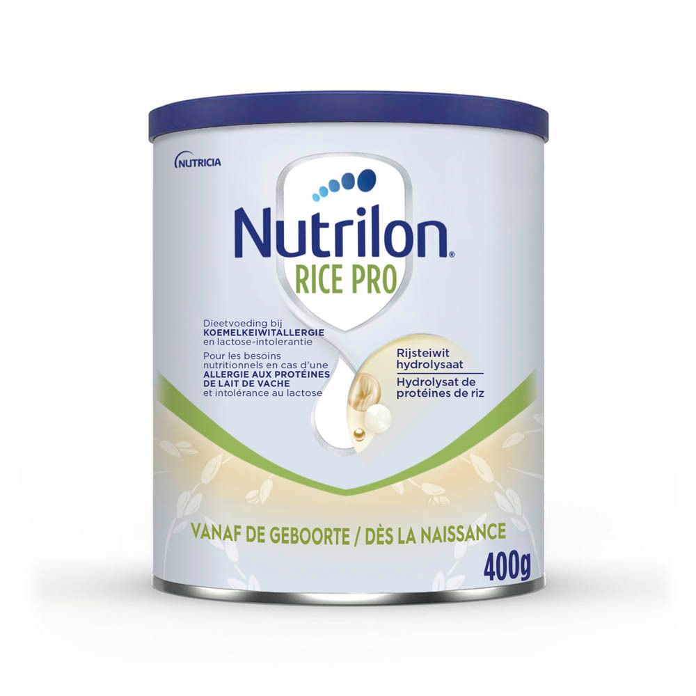 Lait infantile Nutrilon Rice Pro en boîte. Mentions sur protéines végétales et sans lactose.