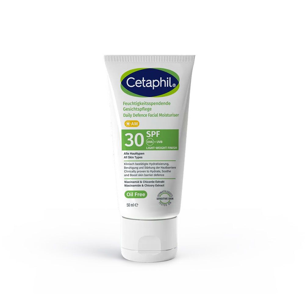 Witte tube met Cetaphil-logo en productnaam. Bevat SPF 30. Olievrij.