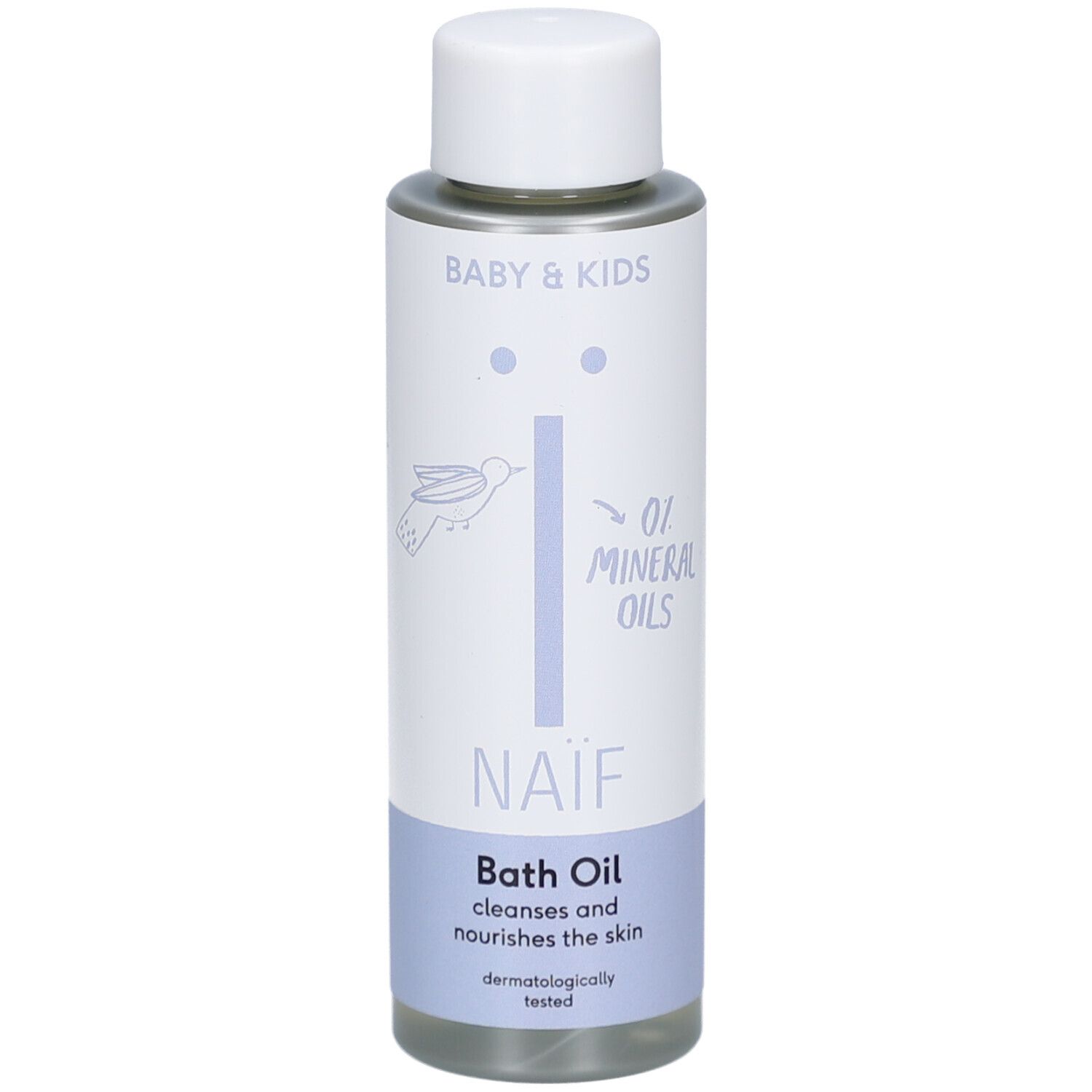 Flacon d'huile de bain Naïf. Bouchon blanc, étiquette bleu clair avec logo et texte. Contient 0% d'huiles minérales. Testé dermatologiquement.