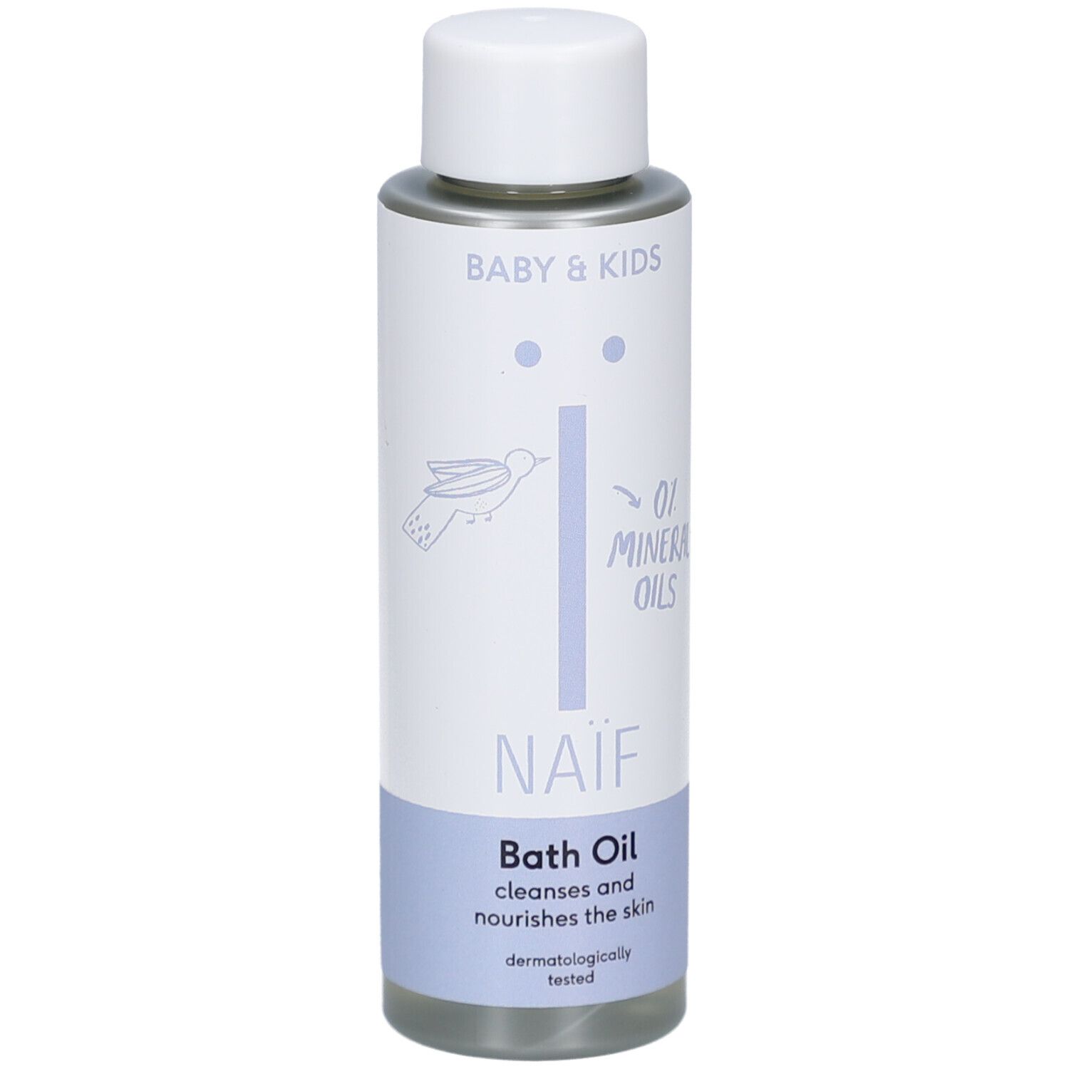 Flacon d'huile de bain Naïf. Bouchon blanc, étiquette bleu clair avec logo et texte. Contient 0% d'huiles minérales. Testé dermatologiquement.