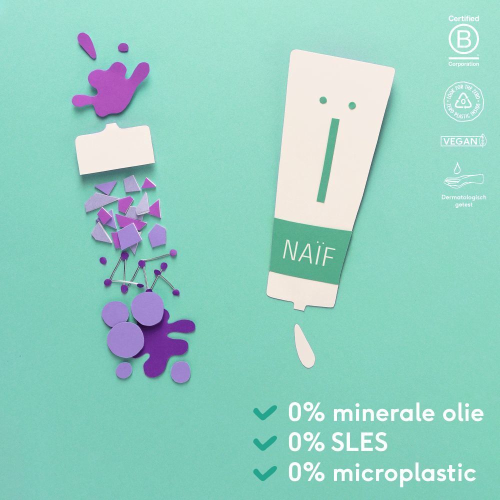 Illustration d'un produit Naïf. Tube avec logo et texte. 0% huiles minérales, 0% SLES, 0% microplastiques.