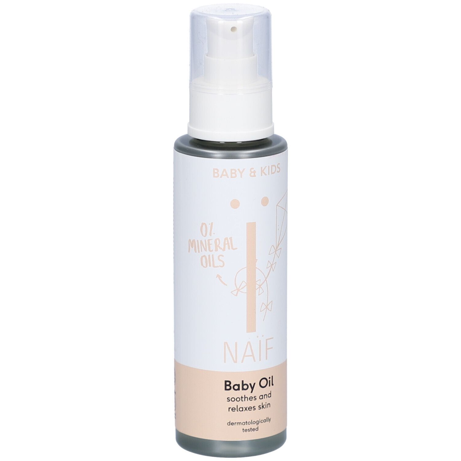 Flacon d'huile pour bébé Naïf avec pompe. Inscription : Baby Oil, 0% huiles minérales. Testé dermatologiquement.