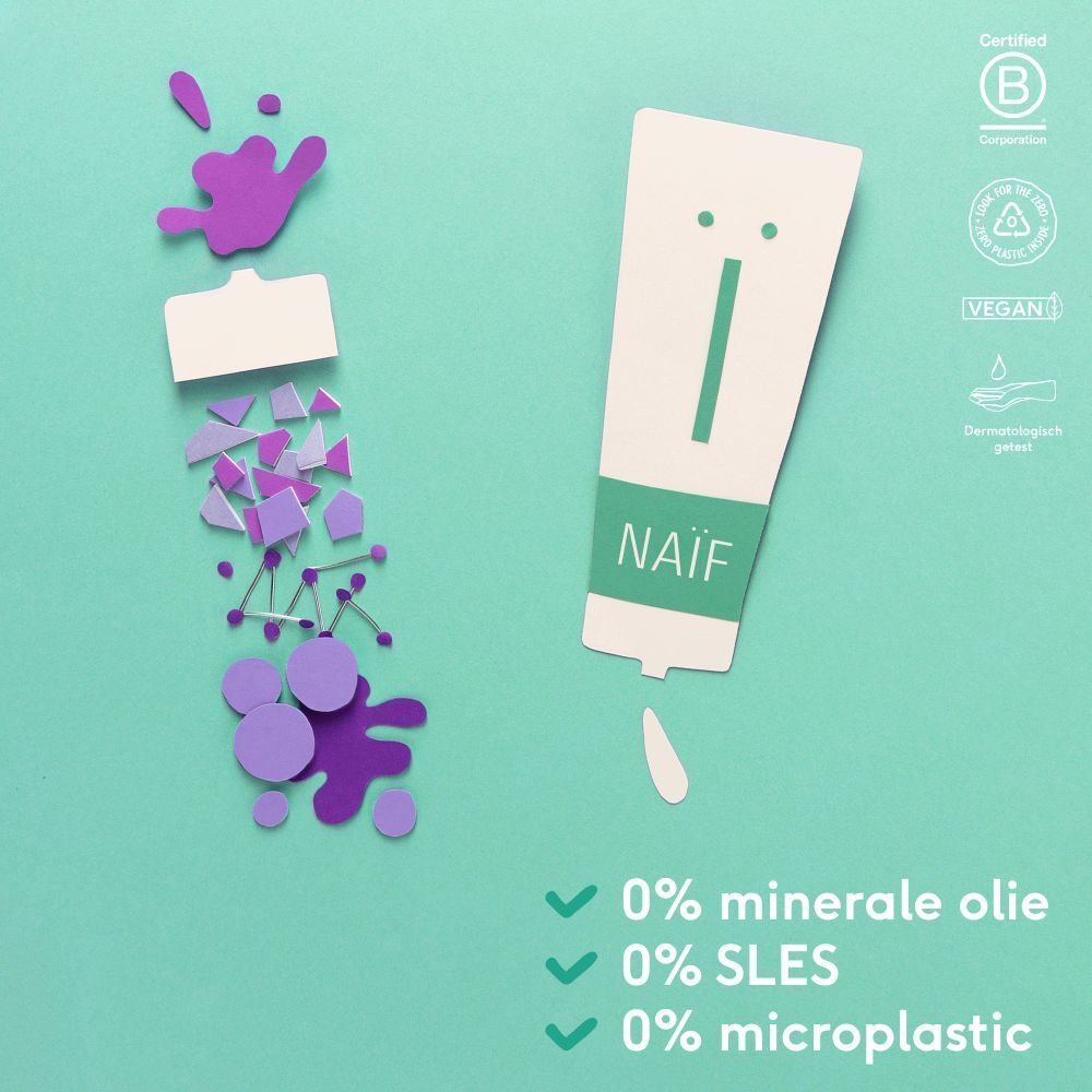 Grafische weergave van een Naïf tube. Opschrift: 0% minerale olie, 0% SLES, 0% microplastic.