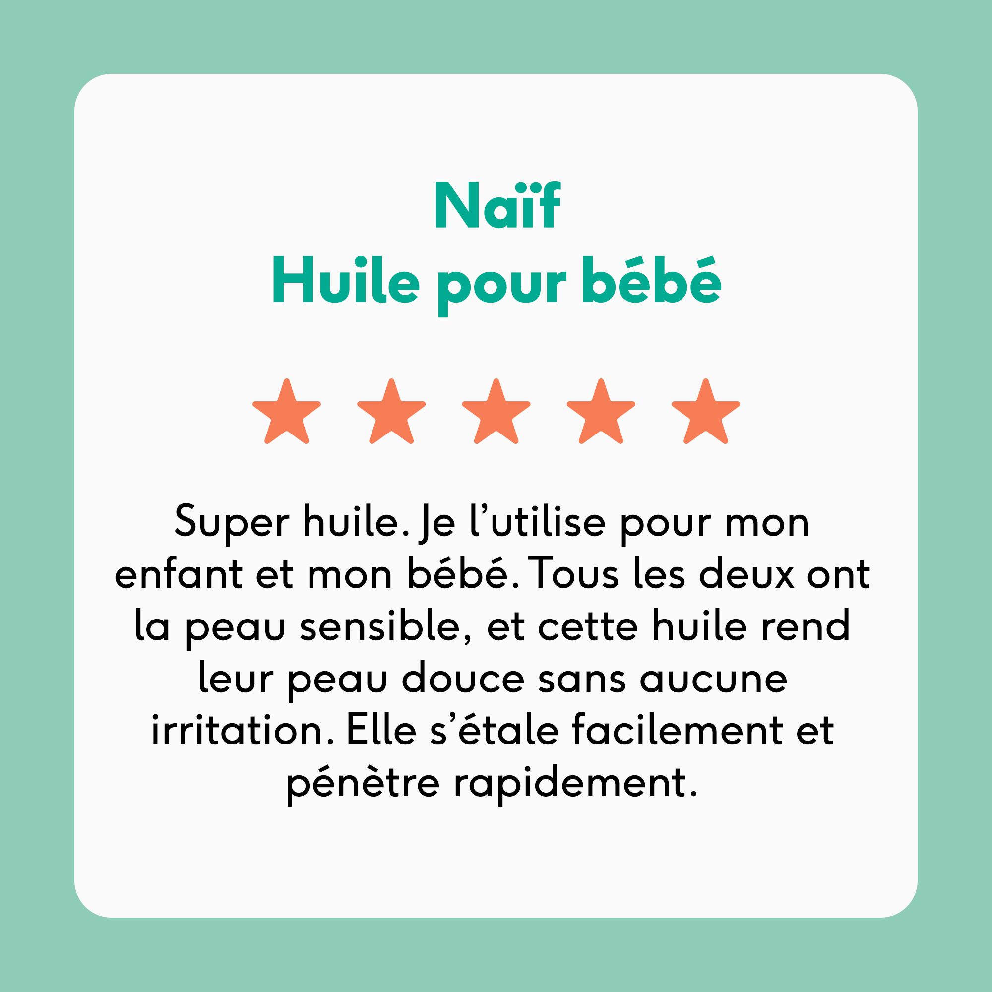 Bébé tenant une crème Naïf. Texte : Testé dermatologiquement. 0% huiles minérales.