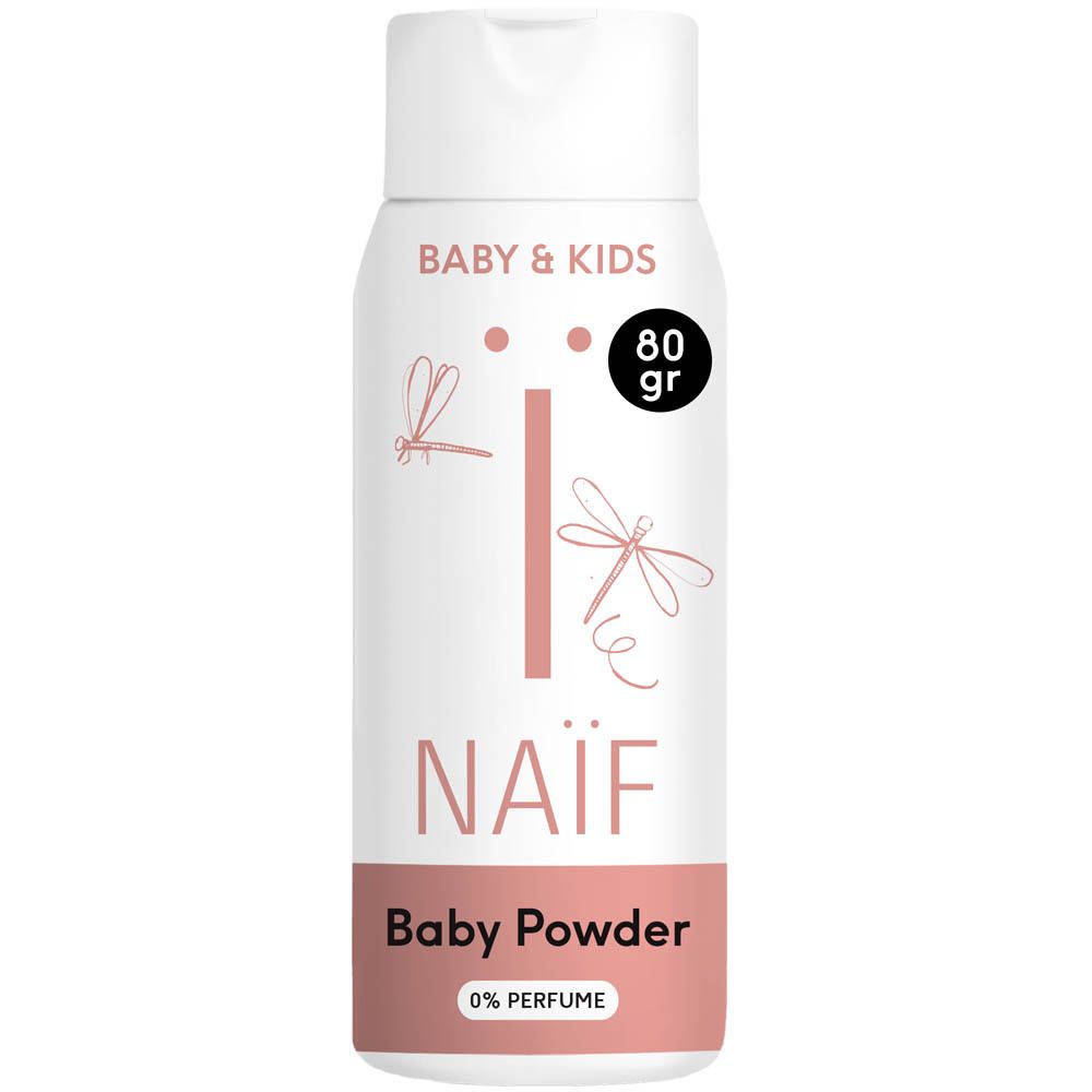 Naïf Baby Powder fles. Wit, roze band. Opschriften: Baby & Kids, 80 gr, Naïf, Baby Powder, 0% Parfum.